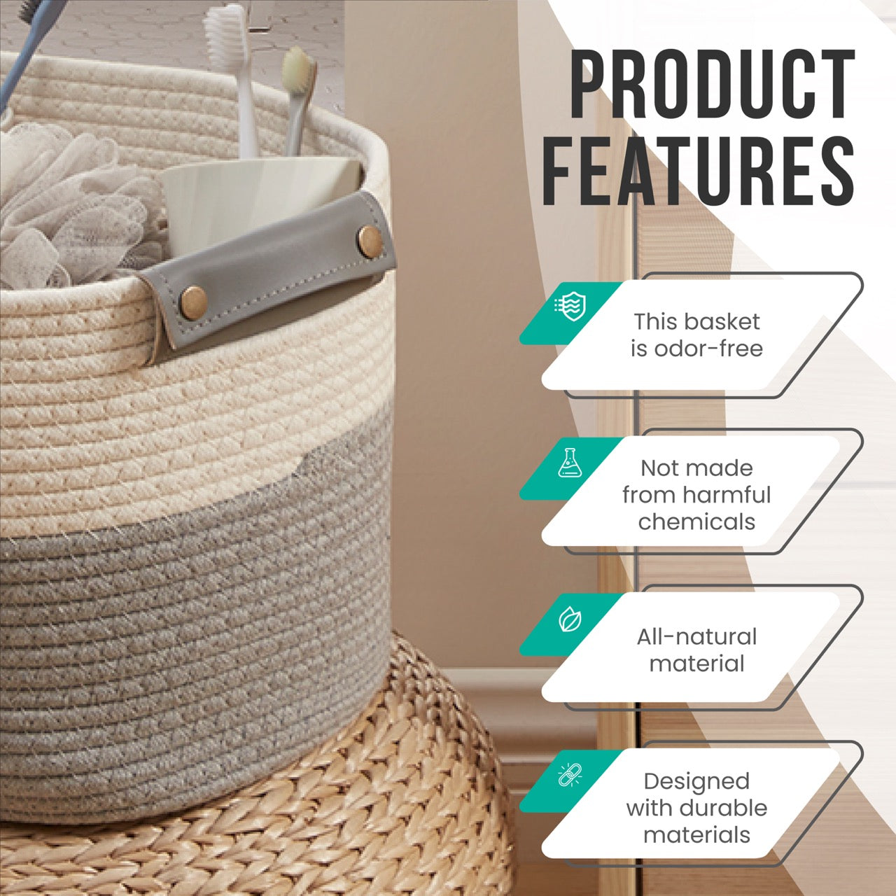 3 Pack Woven Cotton Rope Shelf Storage Basket with Leather Handles