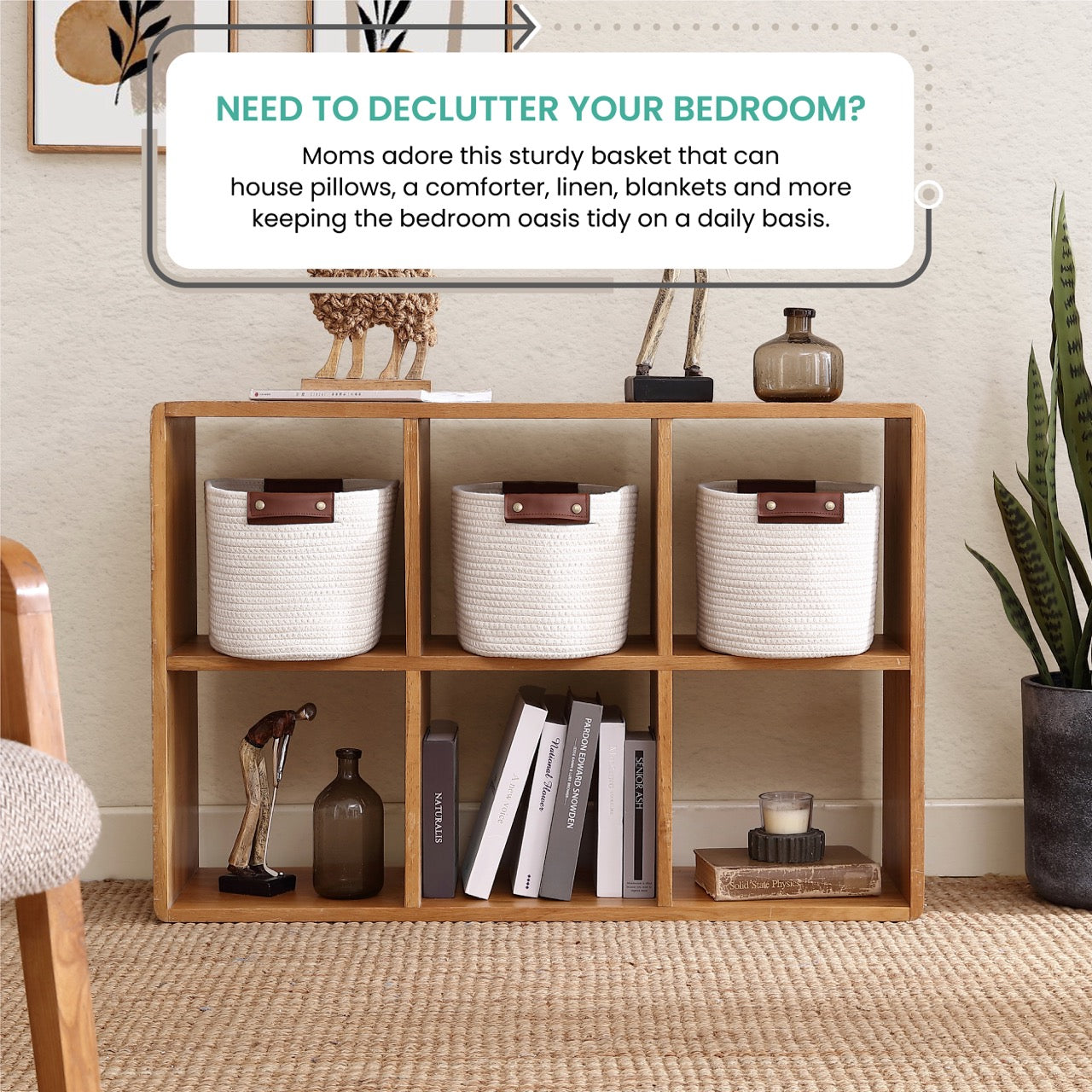 3 Pack Woven Cotton Rope Shelf Storage Basket with Leather Handles