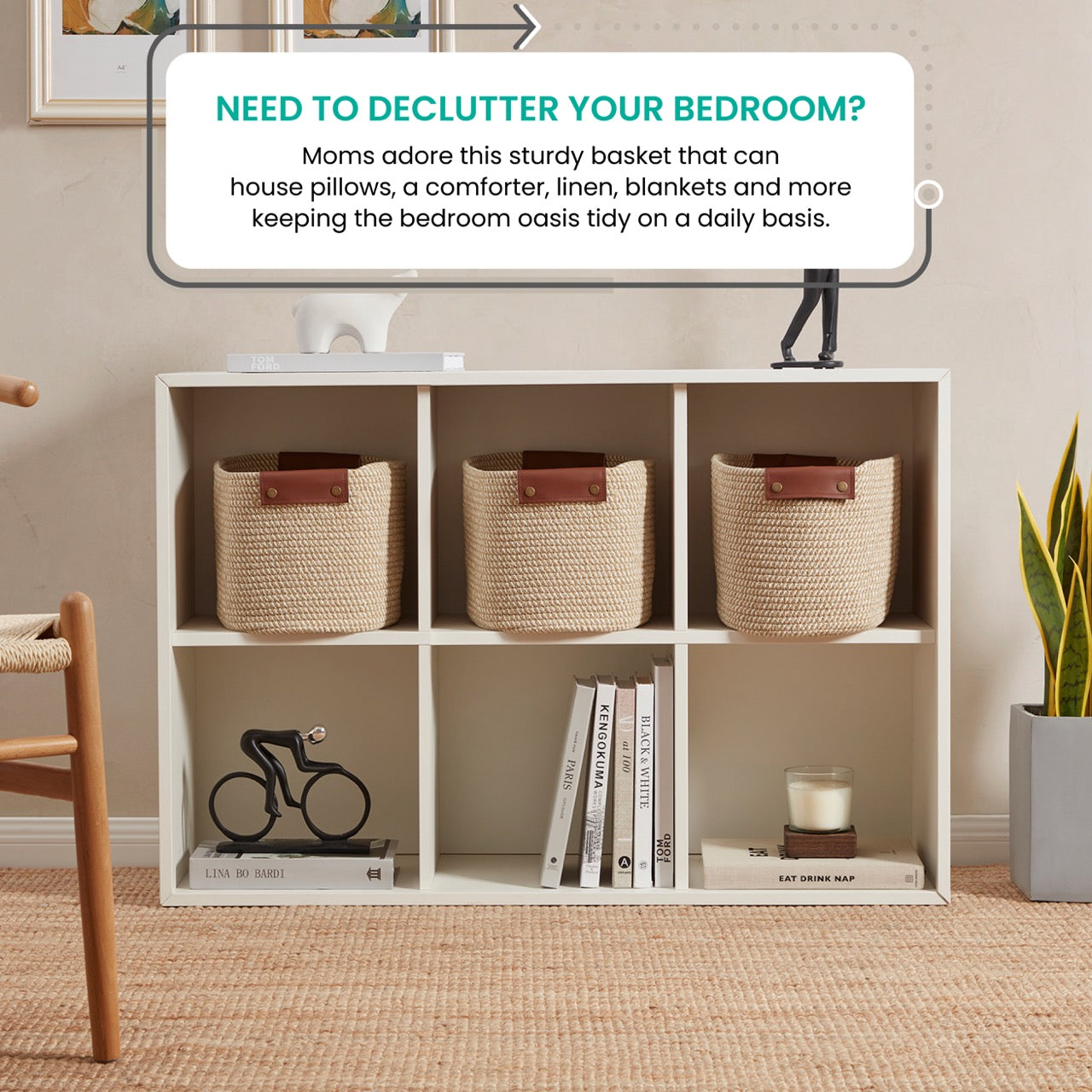3 Pack Woven Cotton Rope Shelf Storage Basket with Leather Handles