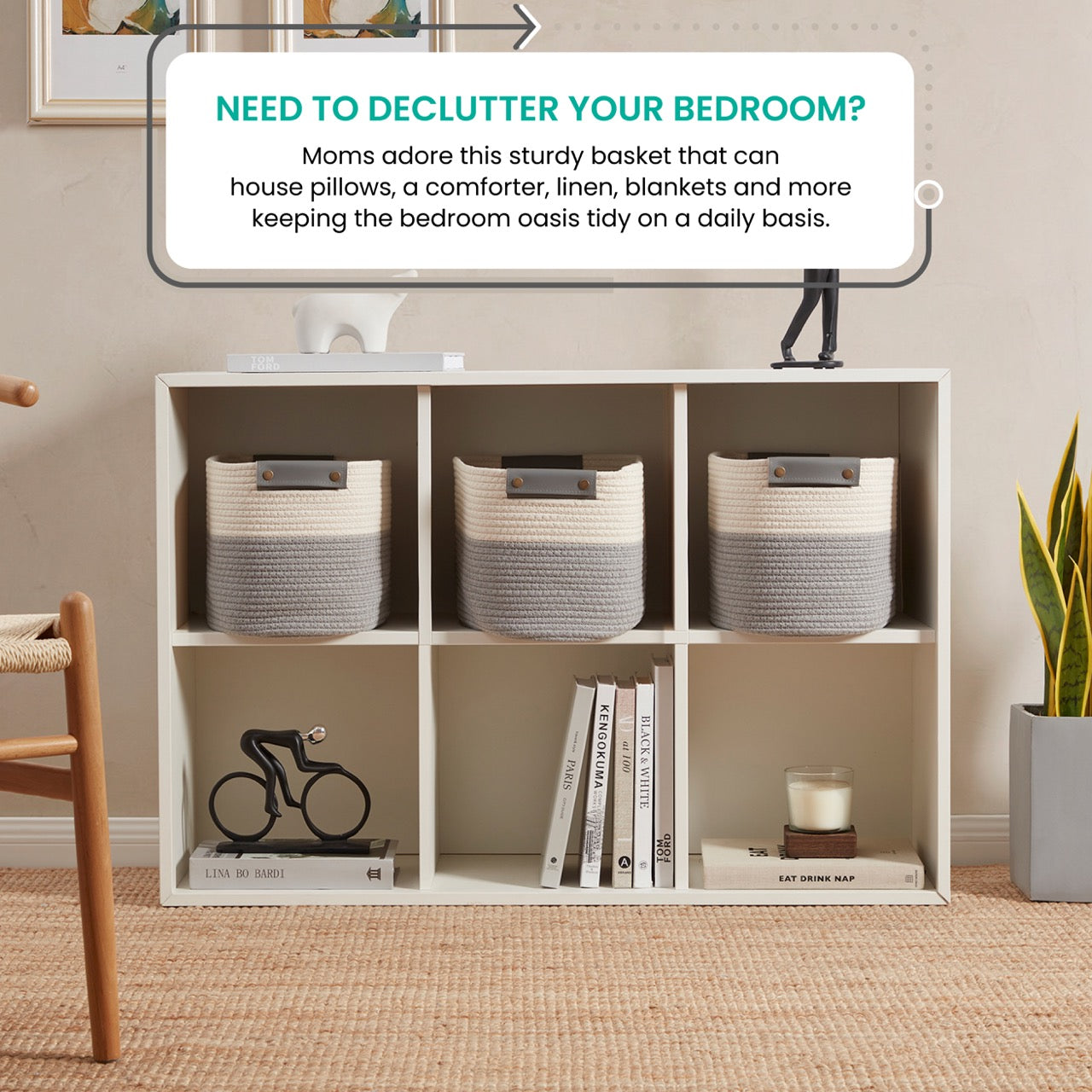 3 Pack Woven Cotton Rope Shelf Storage Basket with Leather Handles