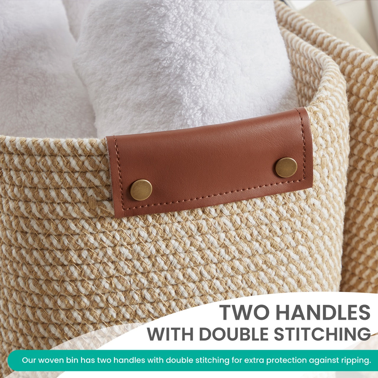 3 Pack Woven Cotton Rope Shelf Storage Basket with Leather Handles