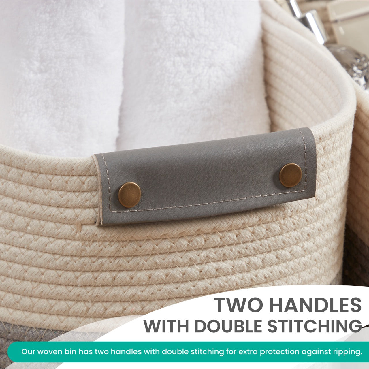3 Pack Woven Cotton Rope Shelf Storage Basket with Leather Handles