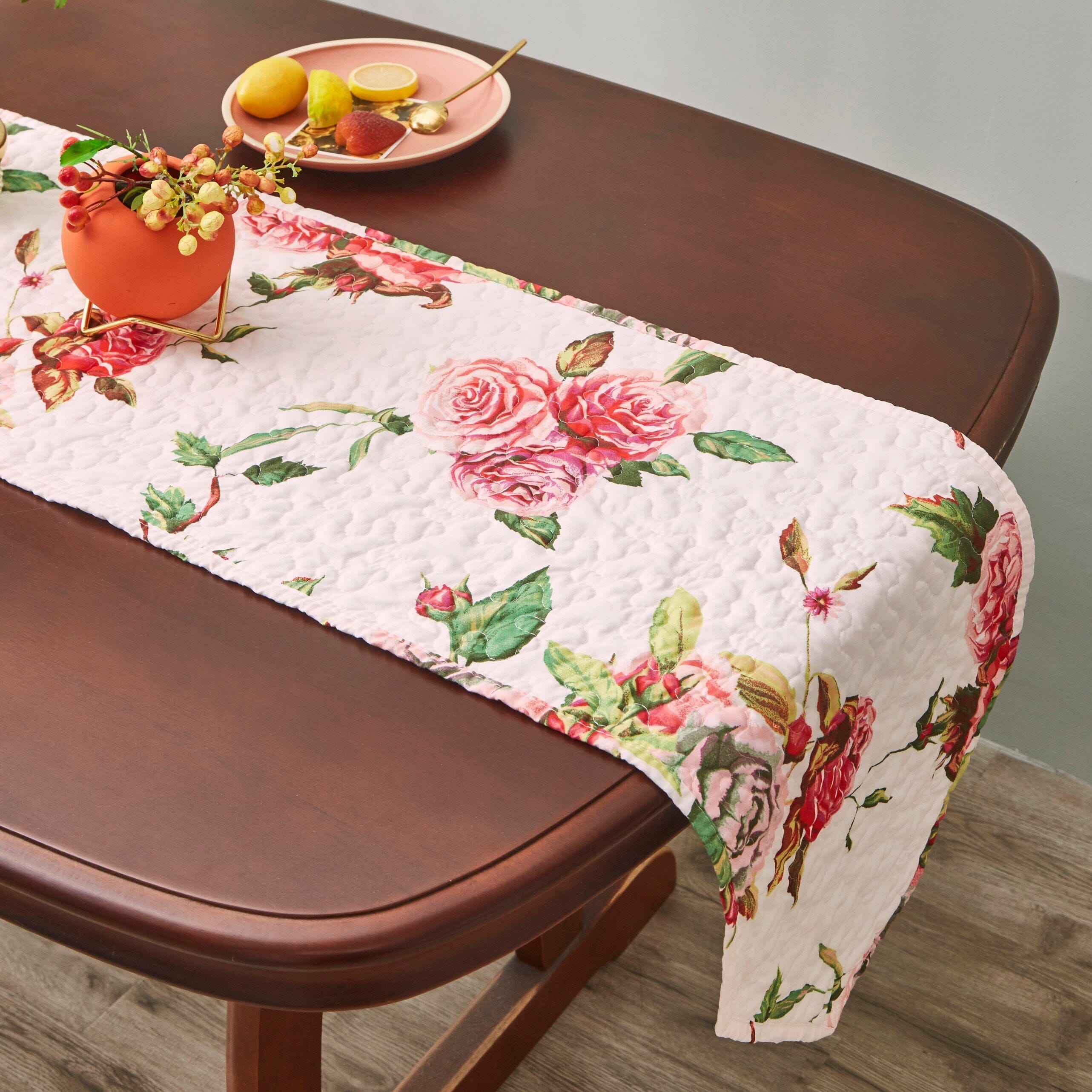Romantic Roses Pink White Lovely Floral Quilted Dining Table Runner (879)