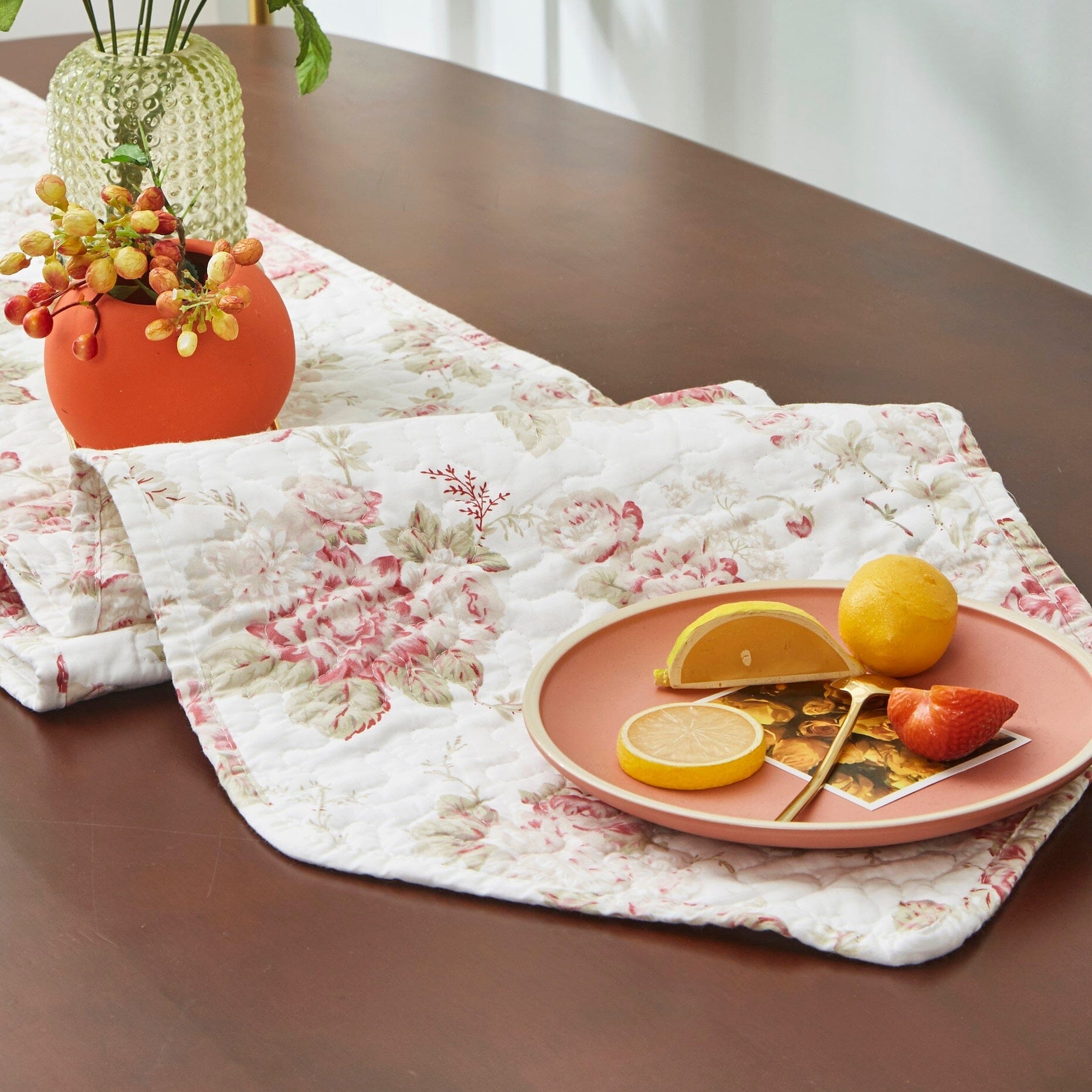 Hint of Mint Cottage Floral Roses Cotton Dining Table Runner (3036)