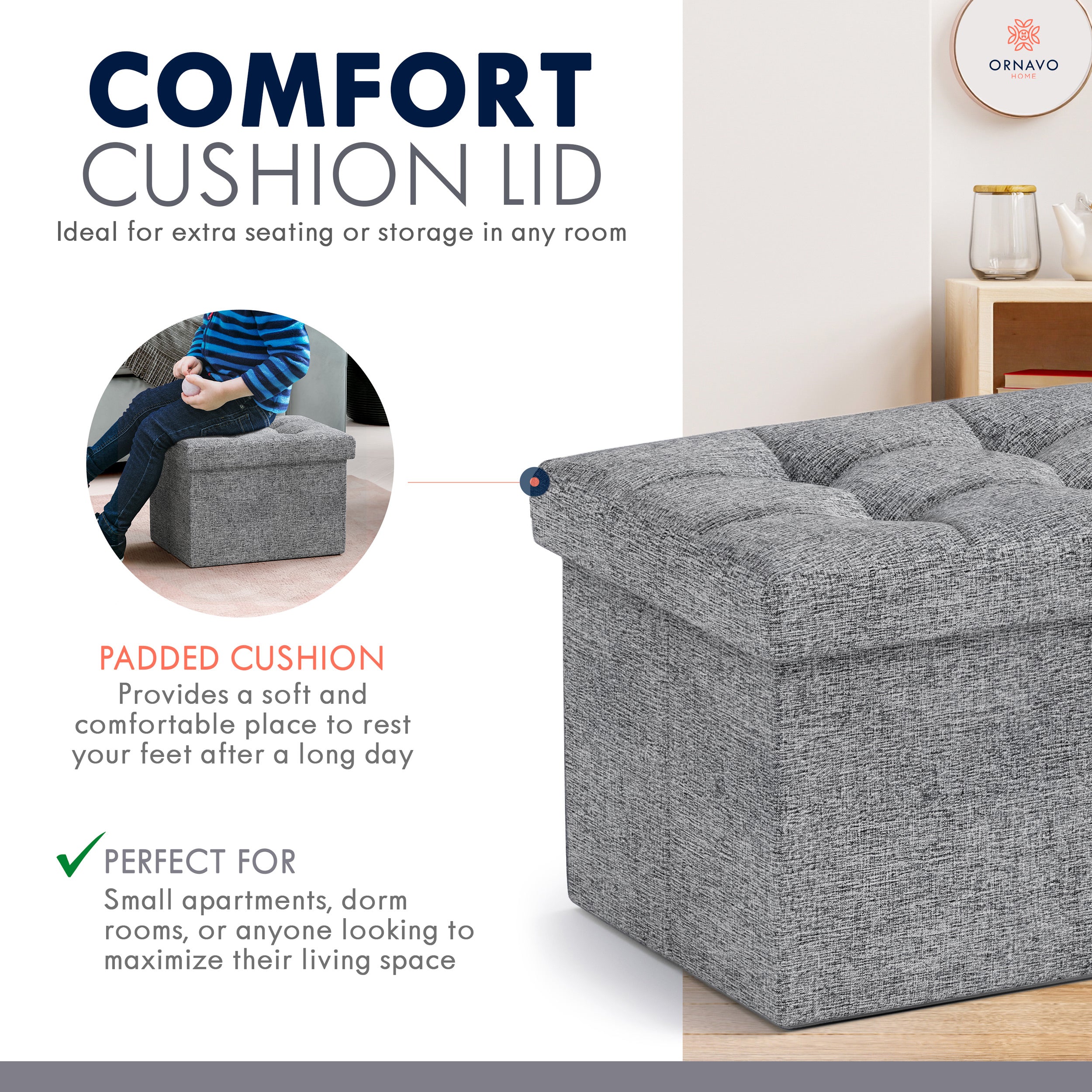 Ornavo Home Foldable Small Rectangle Storage Ottoman - 12 x 16 x 12
