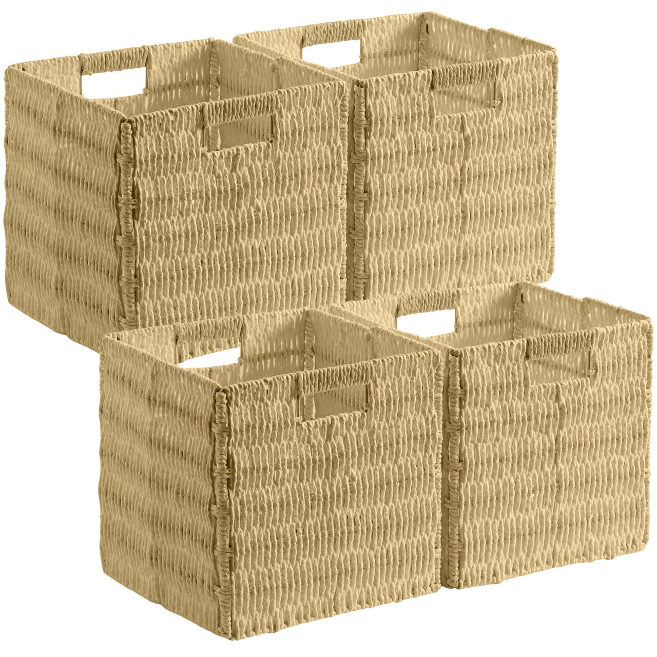 Foldable Paper Wicker Storage Shelf Basket Cube Bin with Handles - Set of 4