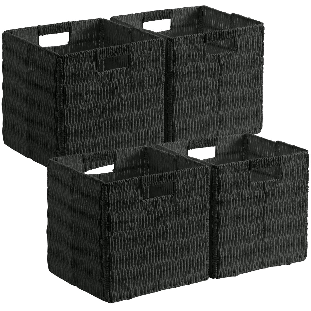 Foldable Paper Wicker Storage Shelf Basket Cube Bin with Handles - Black