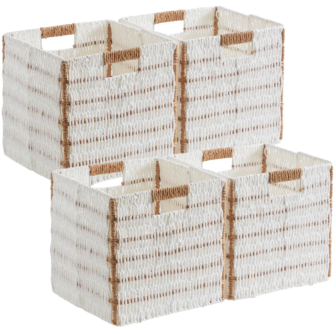 Foldable Paper Wicker Storage Shelf Basket Cube Bin with Handles - White/Brown