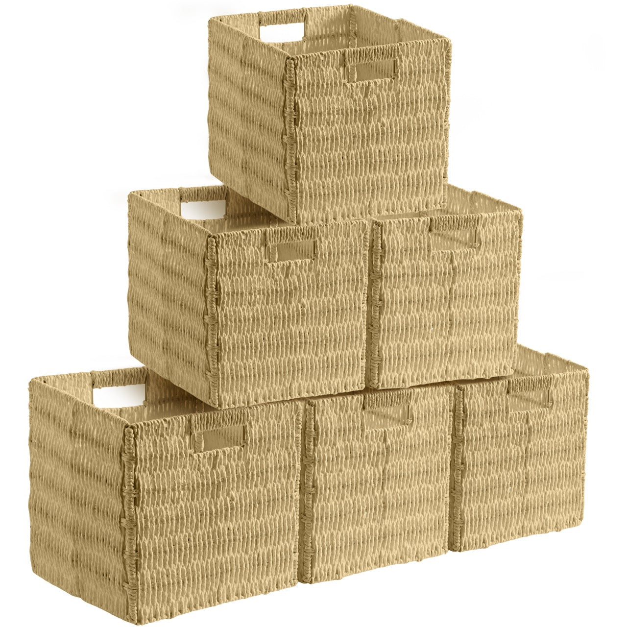 Foldable Paper Wicker Storage Shelf Basket Cube Bin with Handles - Set of 6