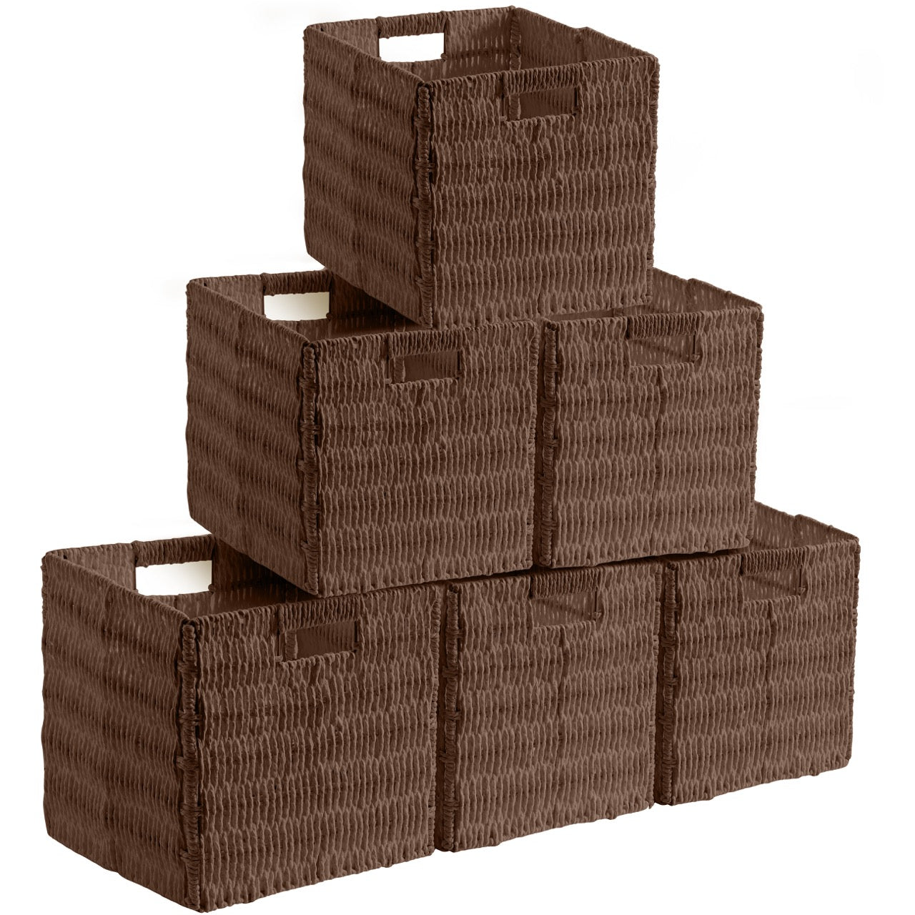 Foldable Paper Wicker Storage Shelf Basket Cube Bin with Handles - Set of 6