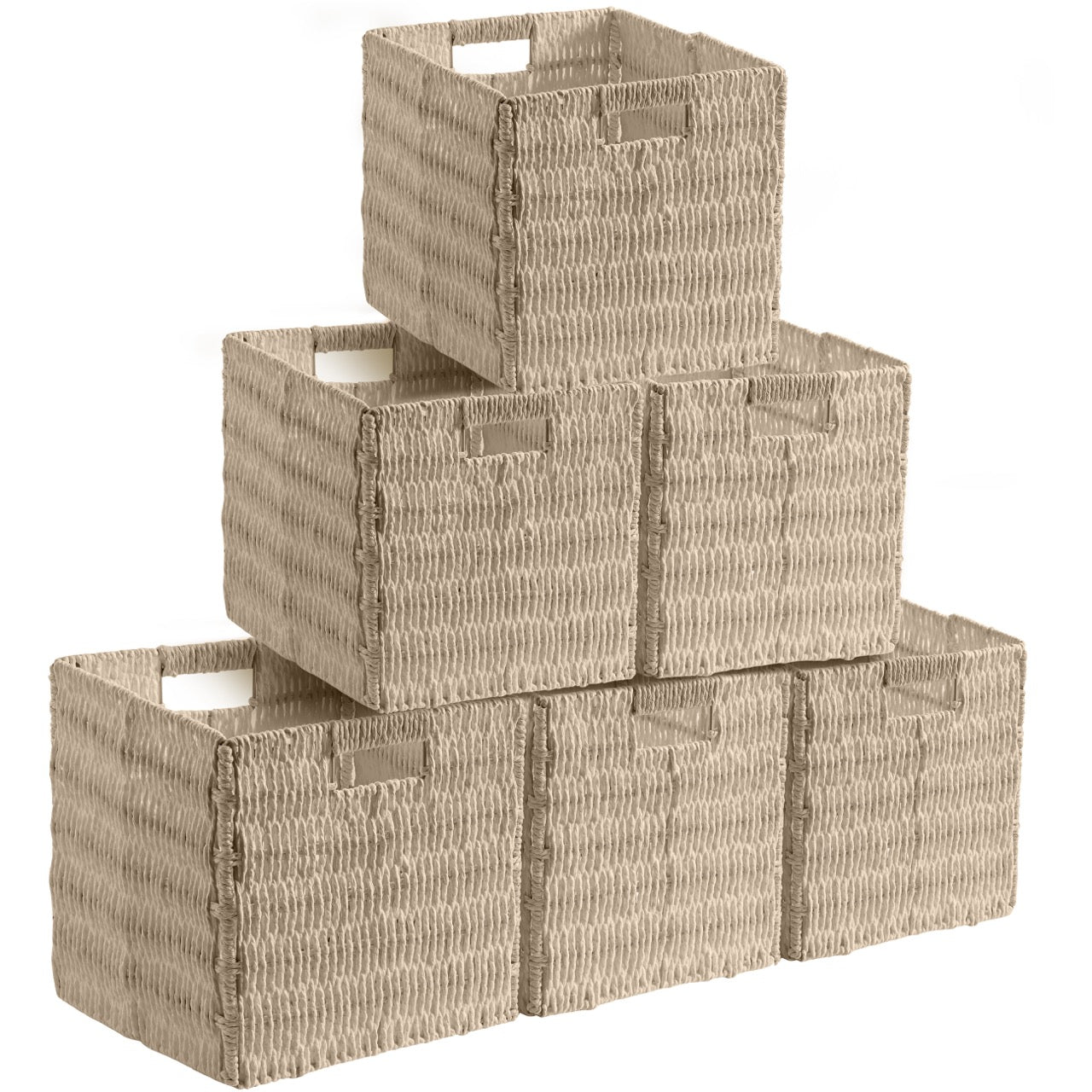 Foldable Paper Wicker Storage Shelf Basket Cube Bin with Handles - Beige