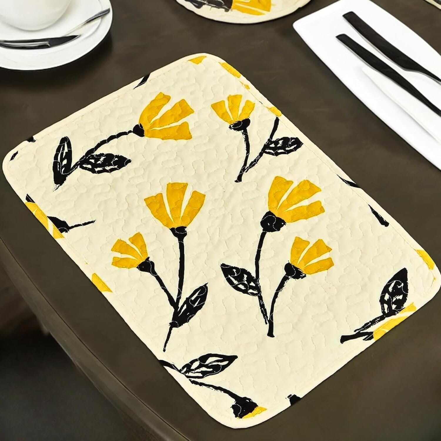 Botanical Floral Dining Table Placemats - Set of 4-Pieces Quilted Ivory with Yellow Fleur Golden Orange Spring Time Tulips - 13 x 19
