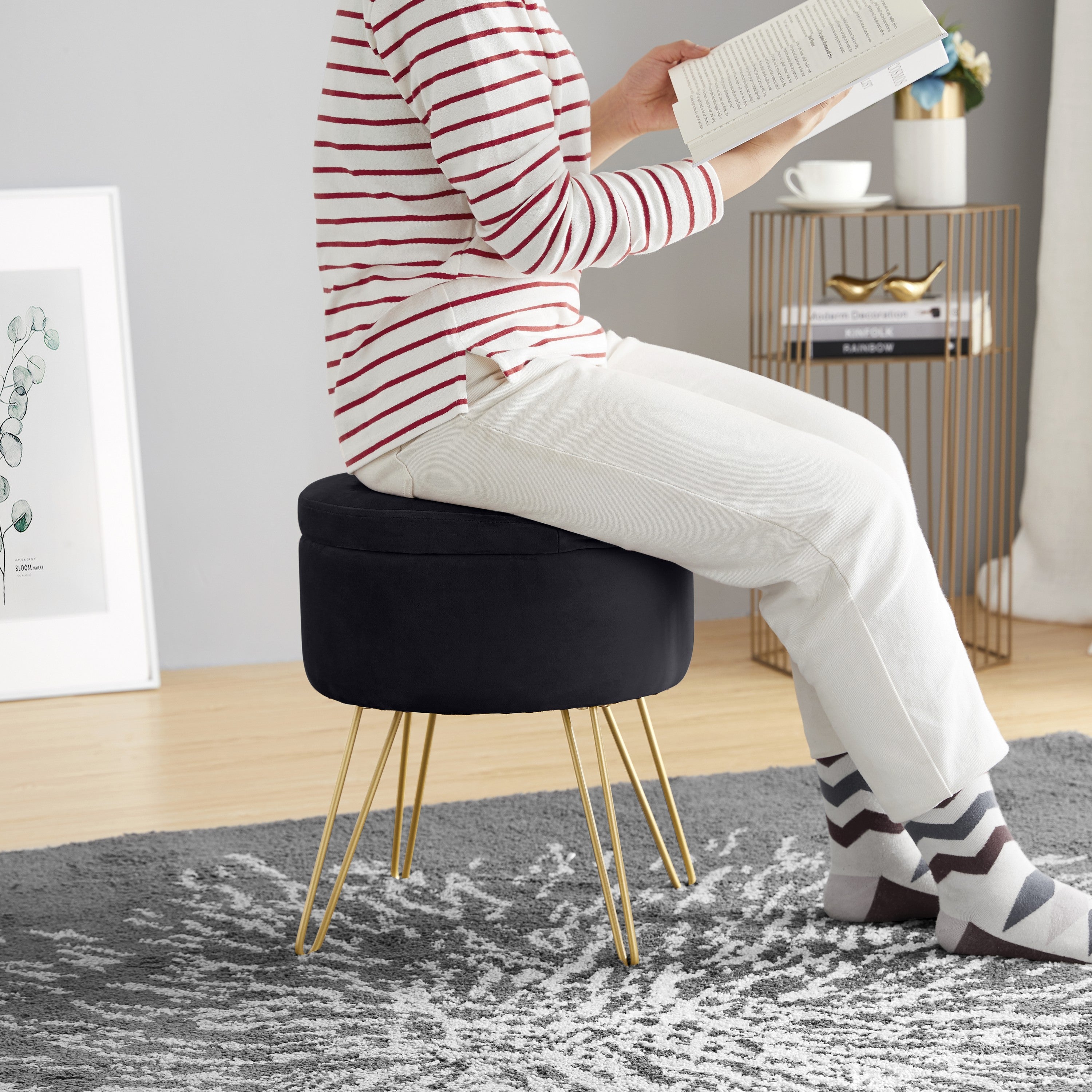 Round Velvet Storage Ottoman with Metal Legs