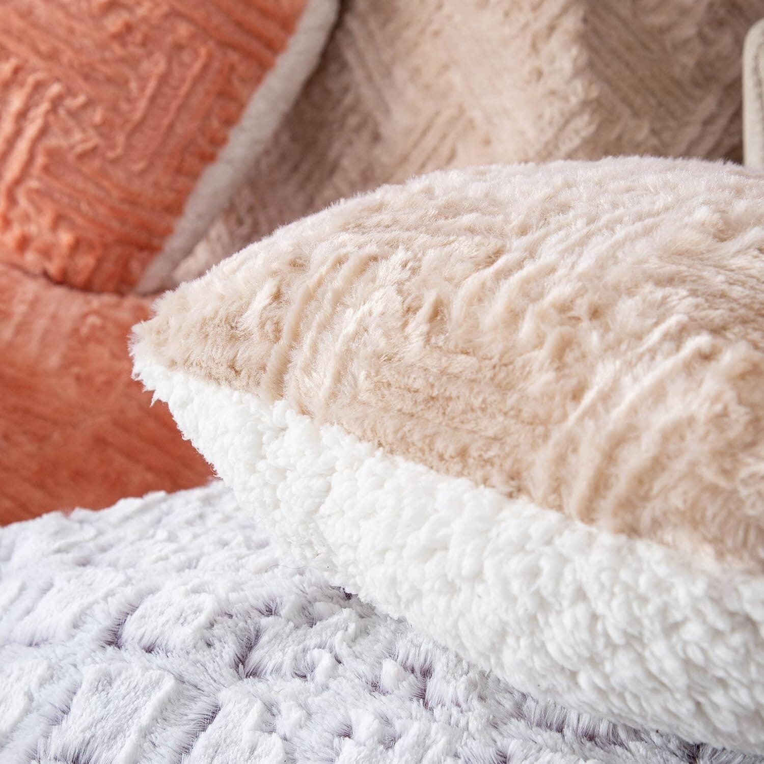 Heart Pillows Decorative Throw Pillows - Neutral Champagne Beige Heart Shaped Throw Toss Lap Fluffy Faux Fur Sherpa Pillows (16x14)