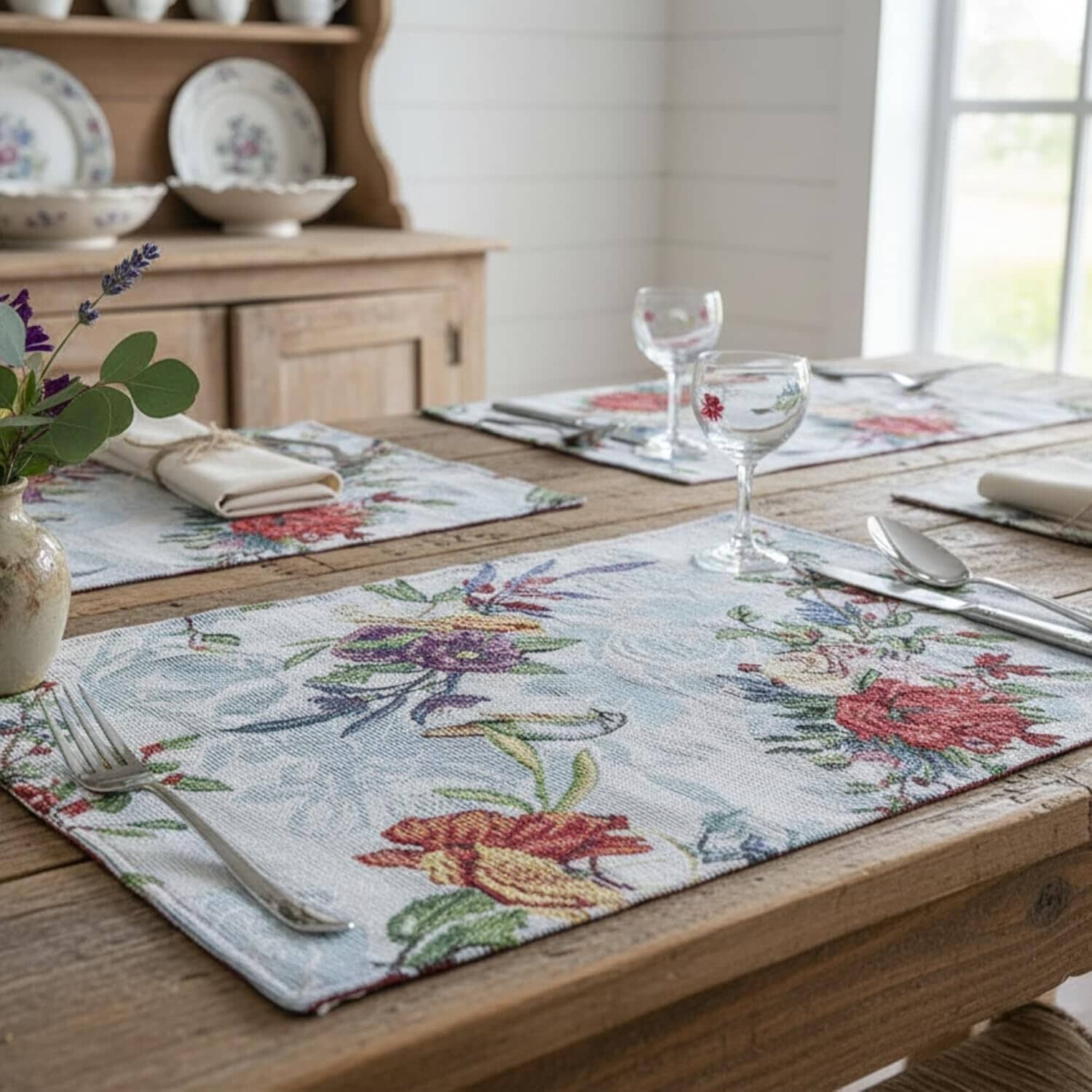 Set of 4-Pieces Tropical Sky Blue Birds Floral Tapestry Dining Table Placemats 13" x 19" (18116)