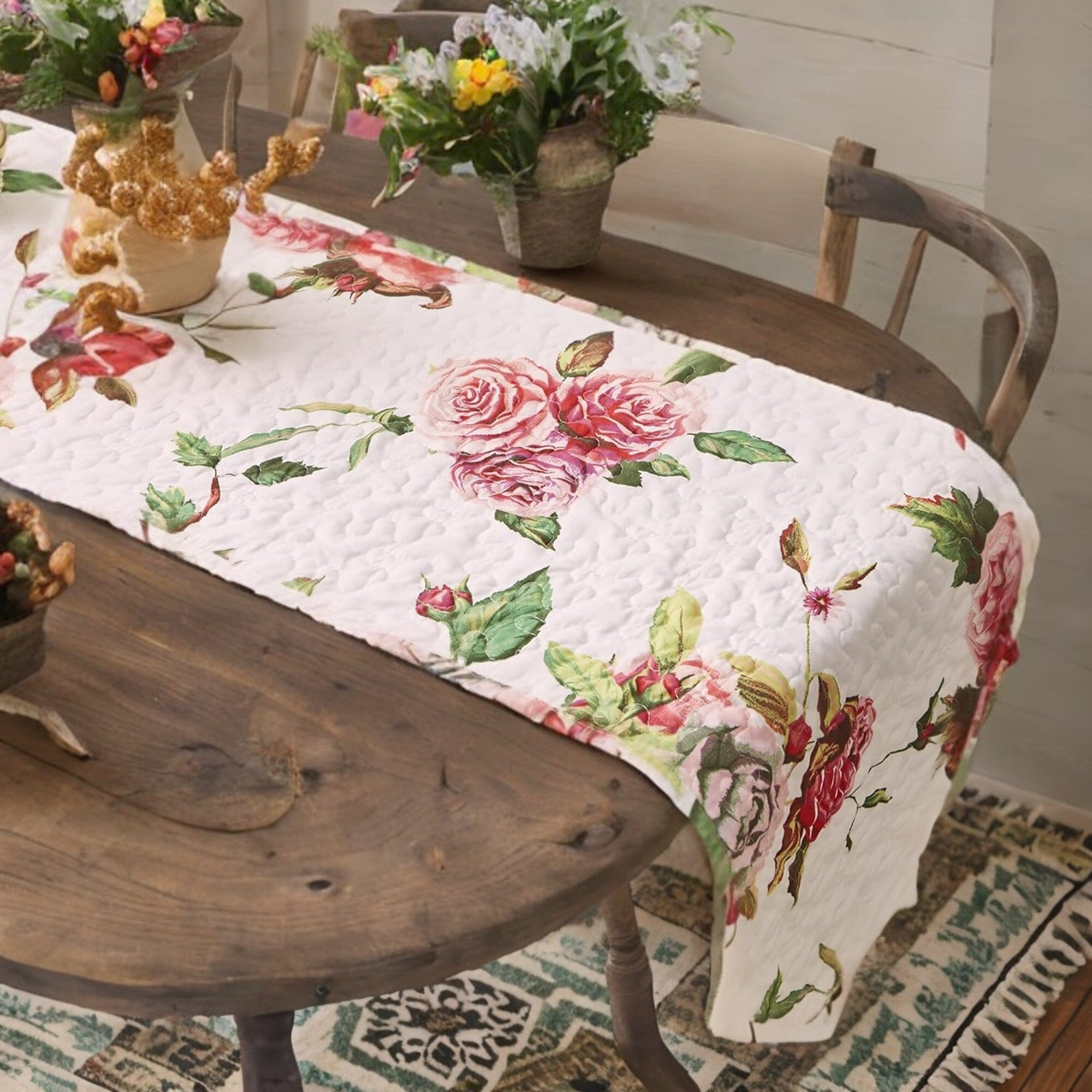 Romantic Roses Pink White Lovely Floral Quilted Dining Table Runner (879)