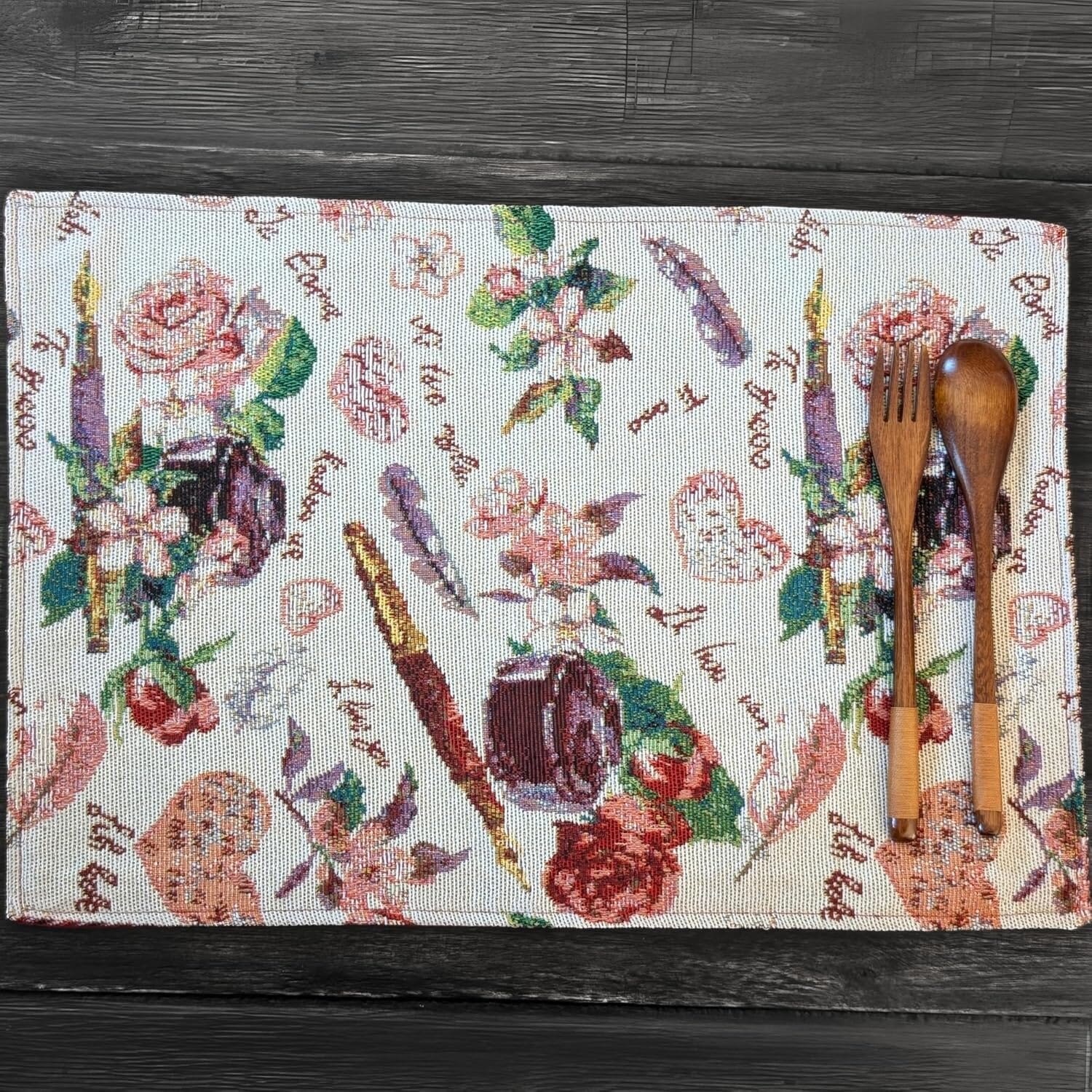 Set of 4-Pieces Sweet Love Notes Pink Floral Tapestry Dining Table Placemats 13" x 19"