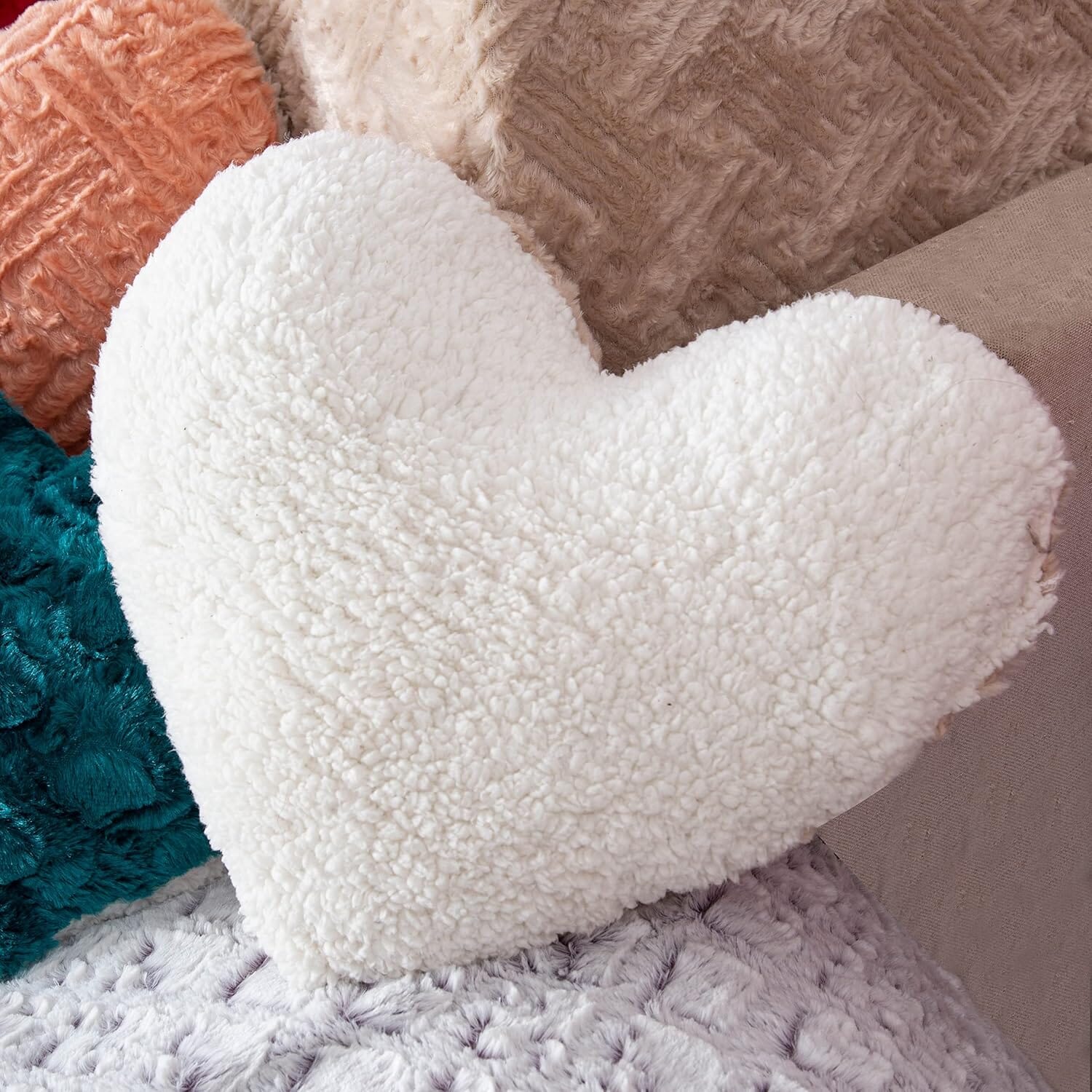 Heart Pillows Decorative Throw Pillows - Neutral Champagne Beige Heart Shaped Throw Toss Lap Fluffy Faux Fur Sherpa Pillows (16x14)
