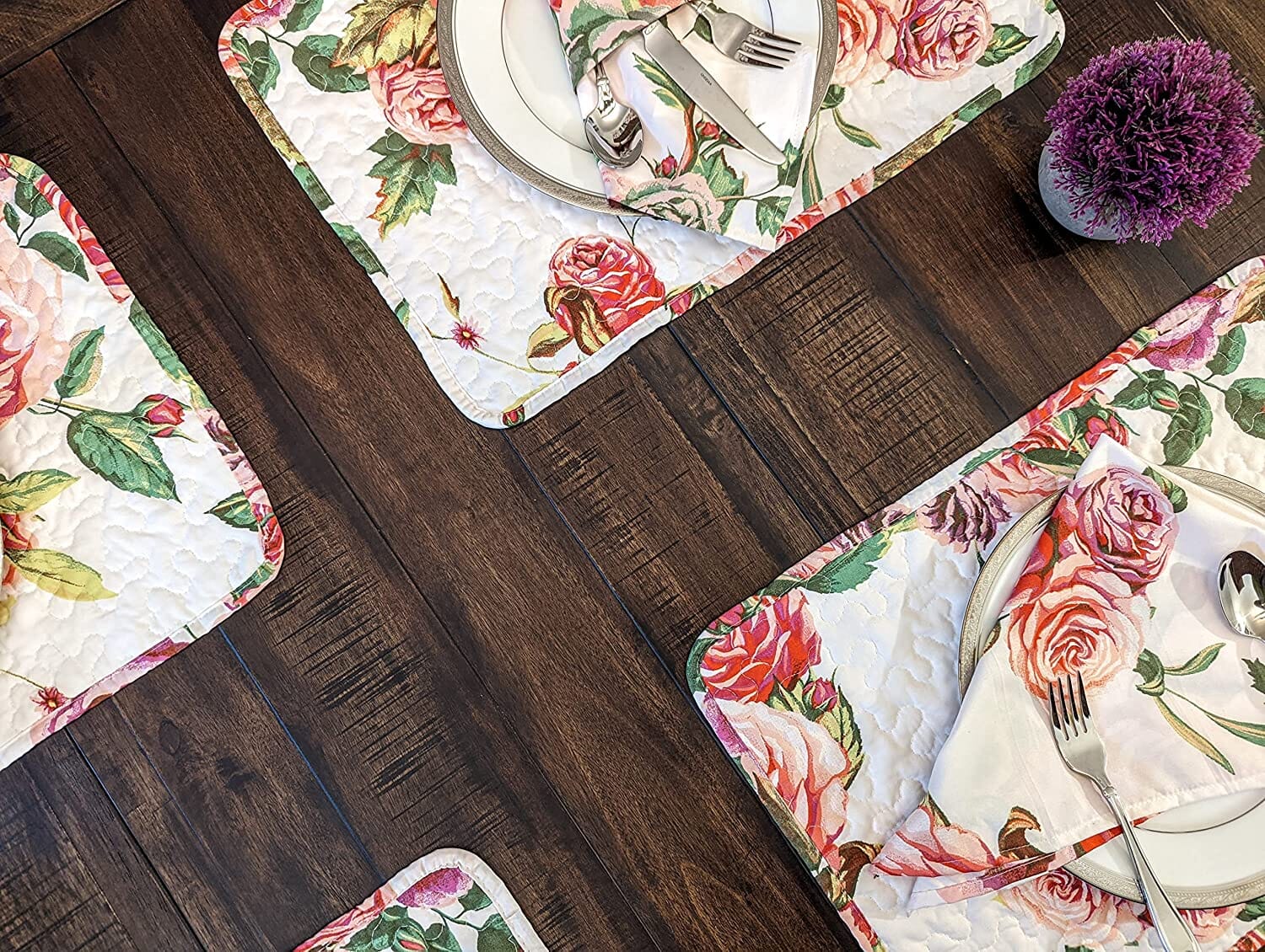 Set of 4-Pieces Romantic Roses Pink Floral Quilted Dining Placemats 13" x 19" (879)