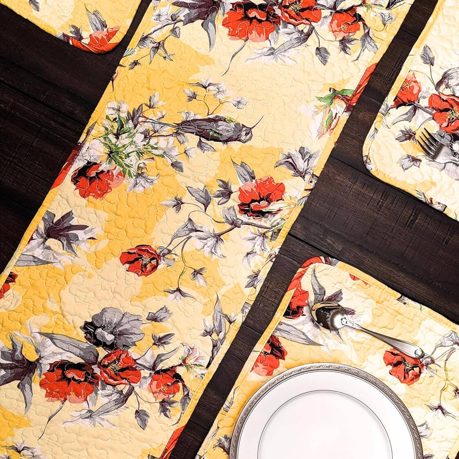 Radiant Sunshine Yellow Floral Dining Table Placemats - Set of 4-Pieces Quilted Hummingbirds Farmhouse Red Flowers - 13 x 19