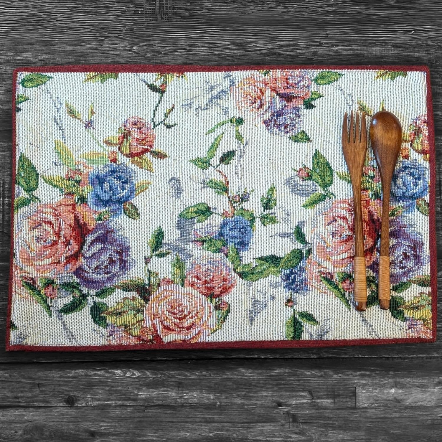 Set of 4-Pieces Vintage Romantic Roses Lovely Pink Floral Tapestry Placemats 13" x 19" (879)