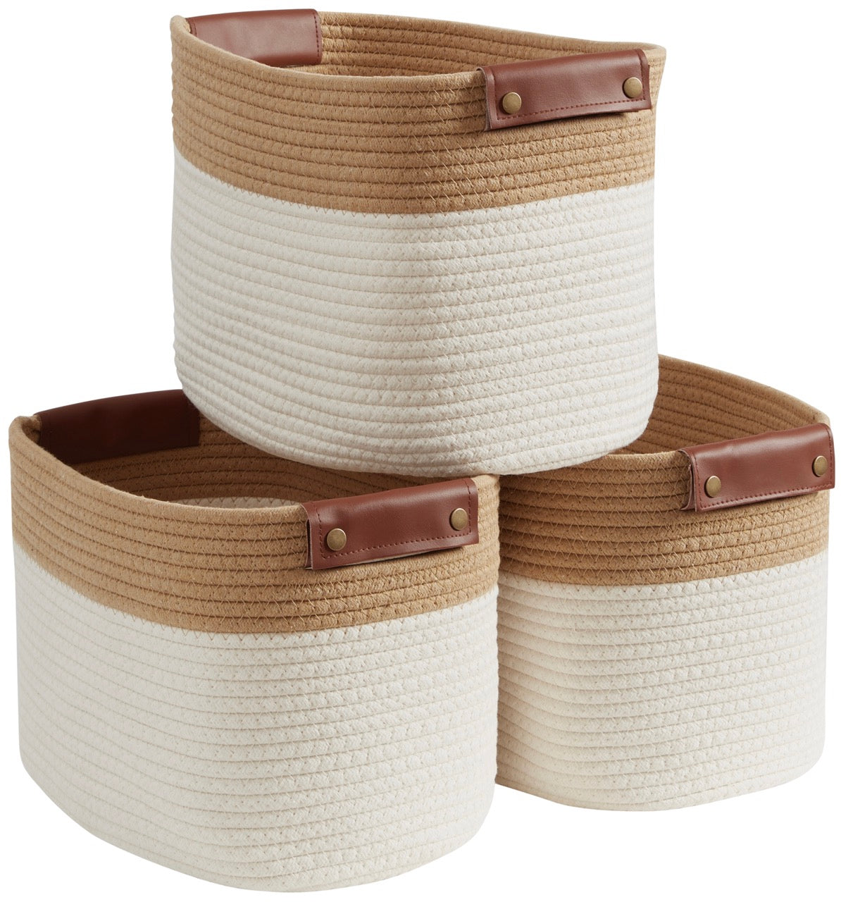 3 Pack Woven Cotton Rope Shelf Storage Basket with Leather Handles