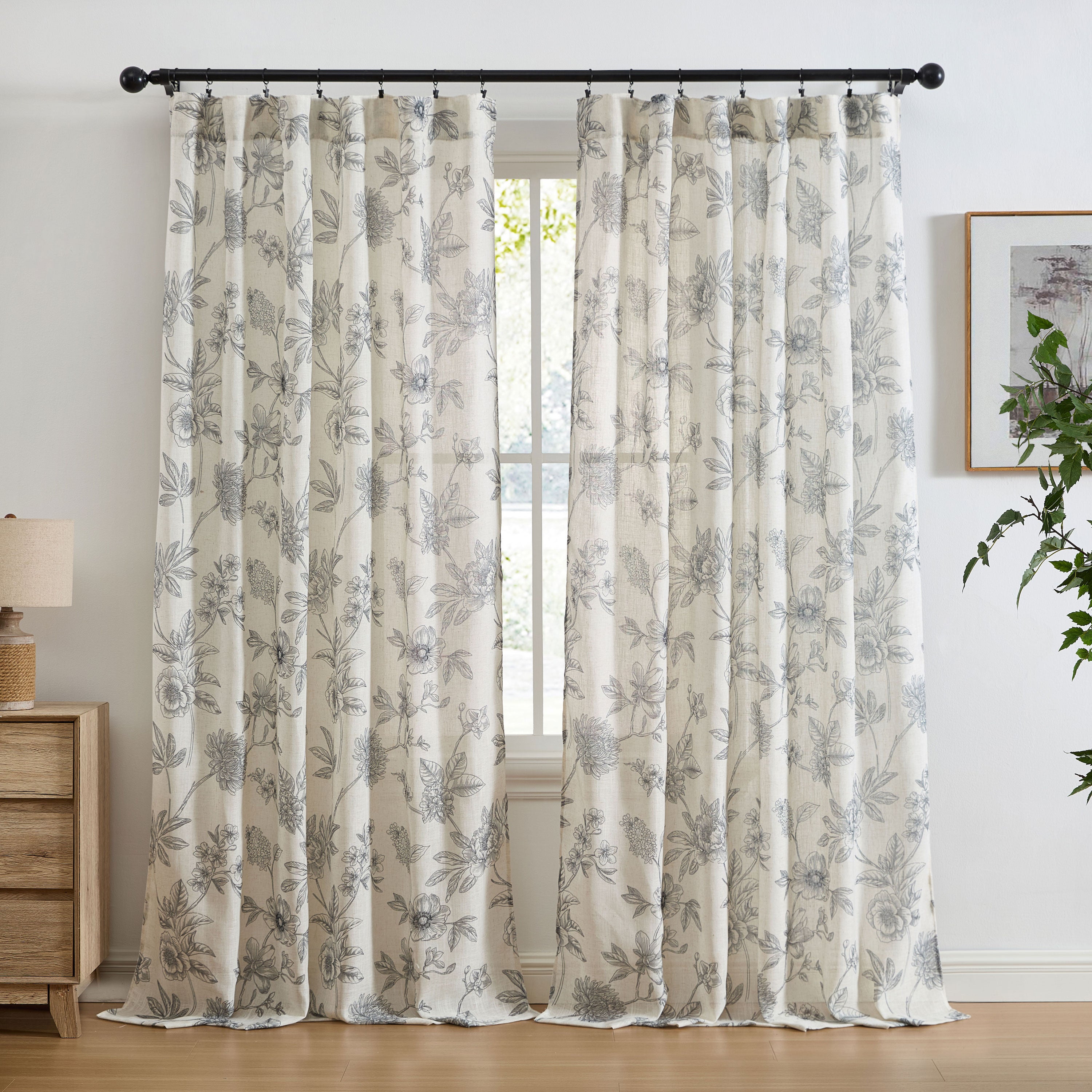 Brookville Linen Floral Back Tab Rod Pocket Curtains