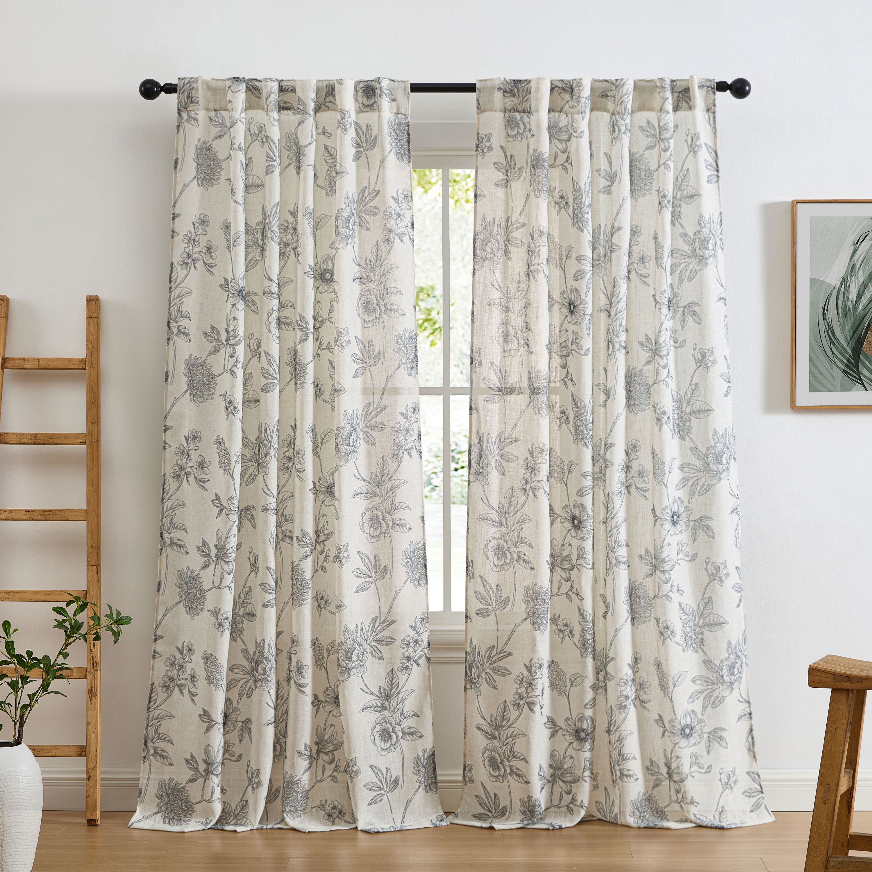 Brookville Linen Floral Back Tab Rod Pocket Curtains