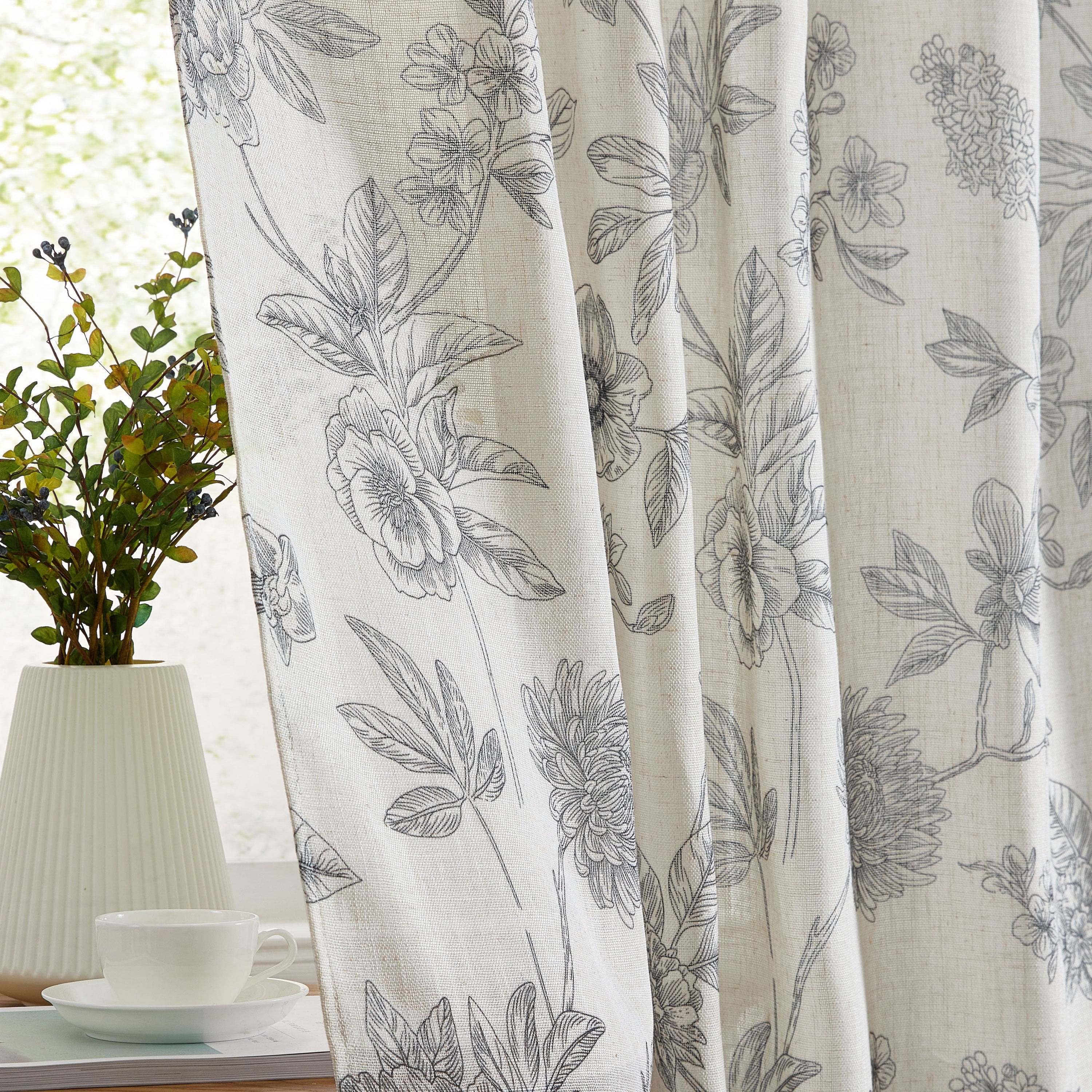 Brookville Linen Floral Back Tab Rod Pocket Curtains
