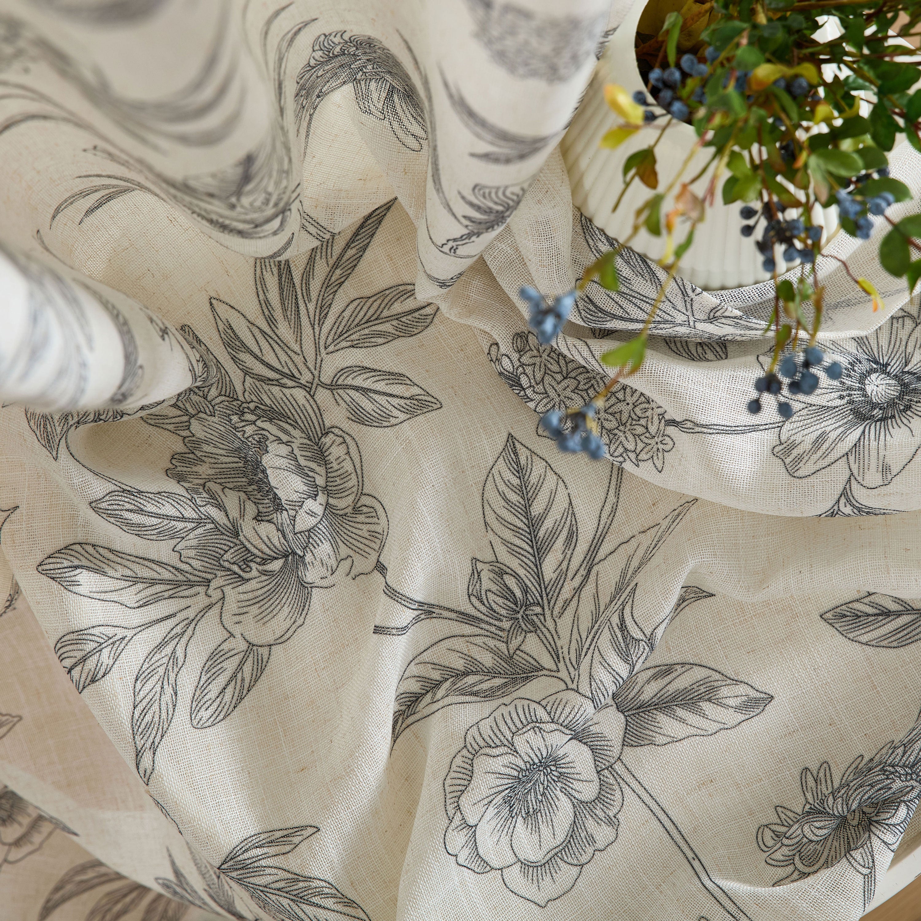 Brookville Linen Floral Back Tab Rod Pocket Curtains
