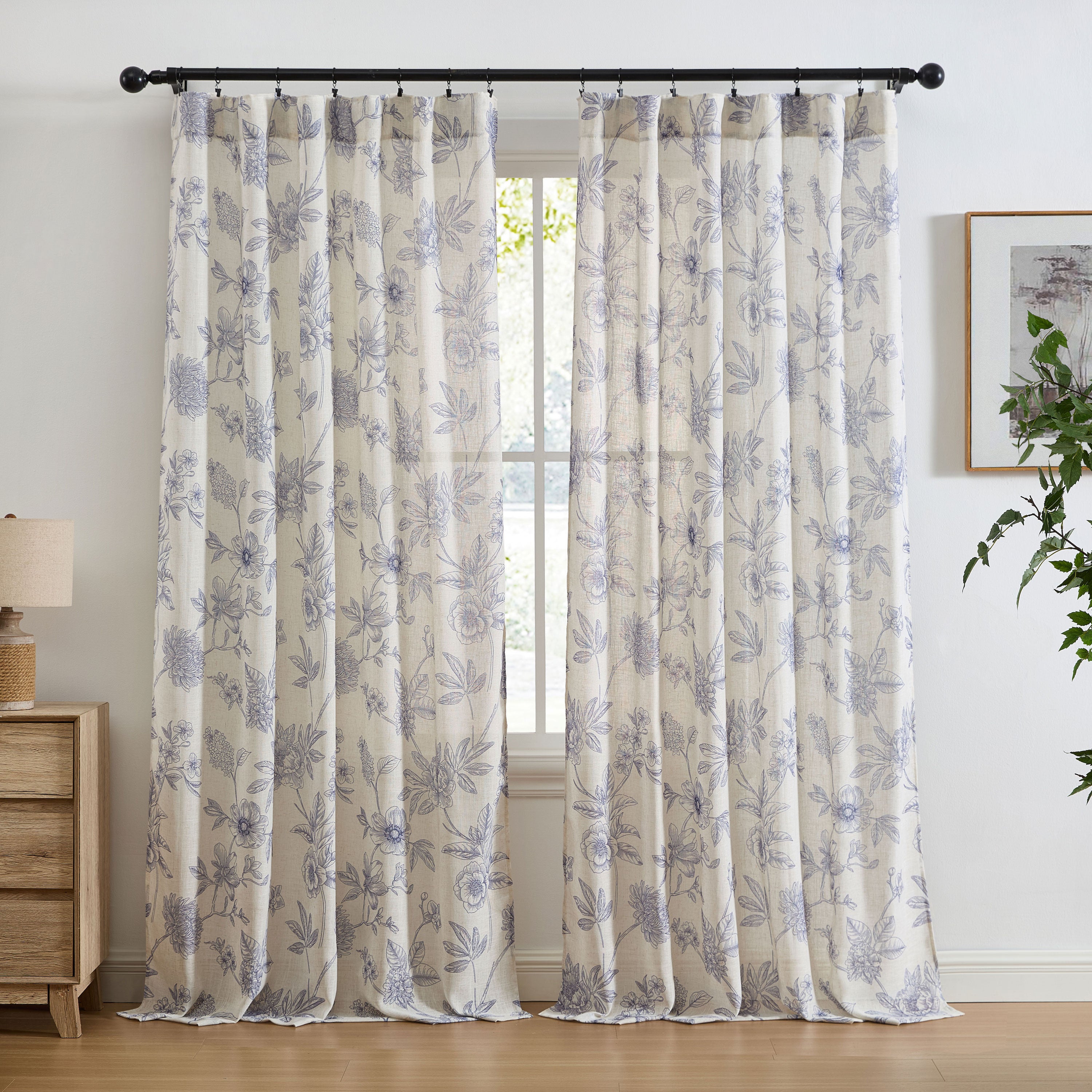 Brookville Linen Floral Back Tab Rod Pocket Curtains