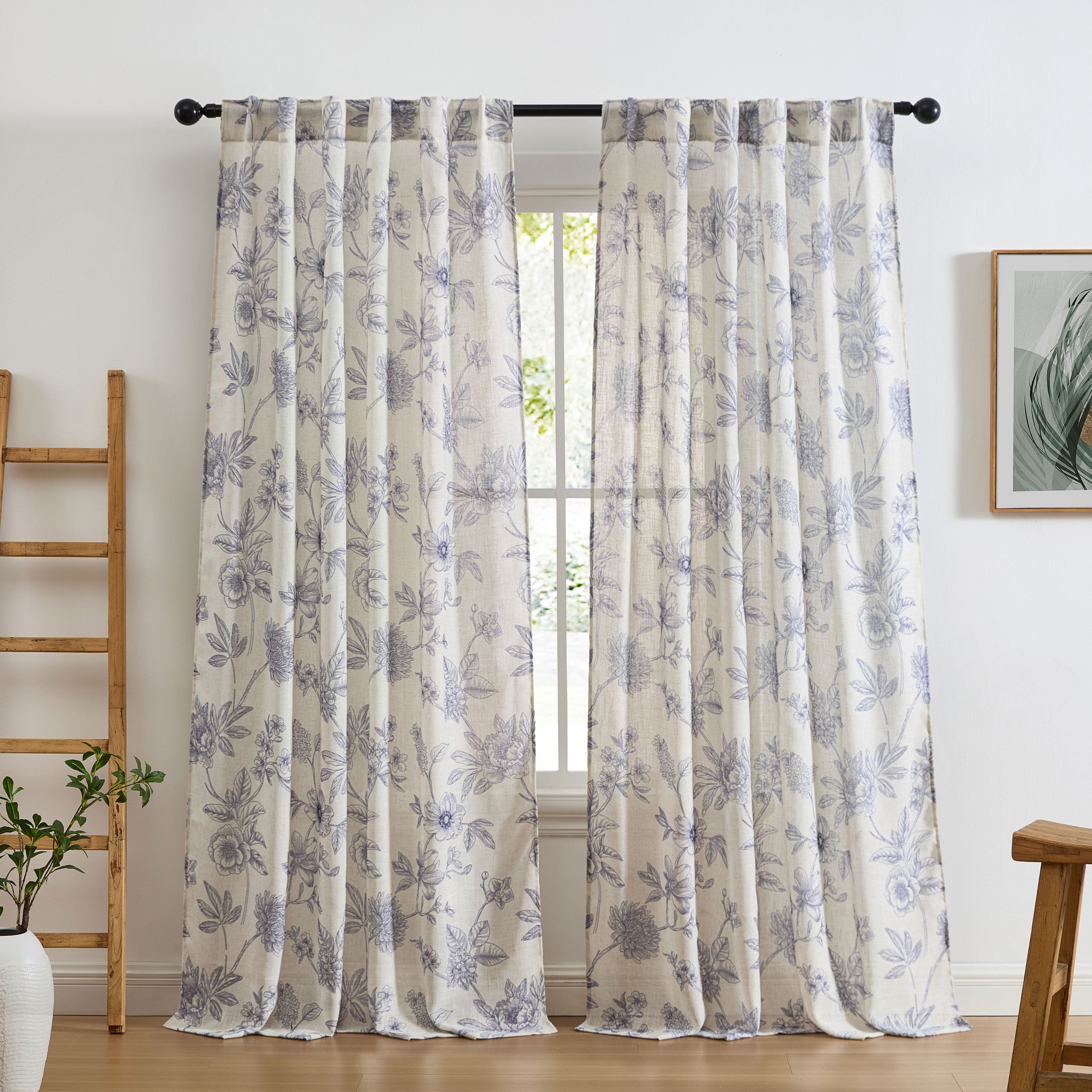 Brookville Linen Floral Back Tab Rod Pocket Curtains