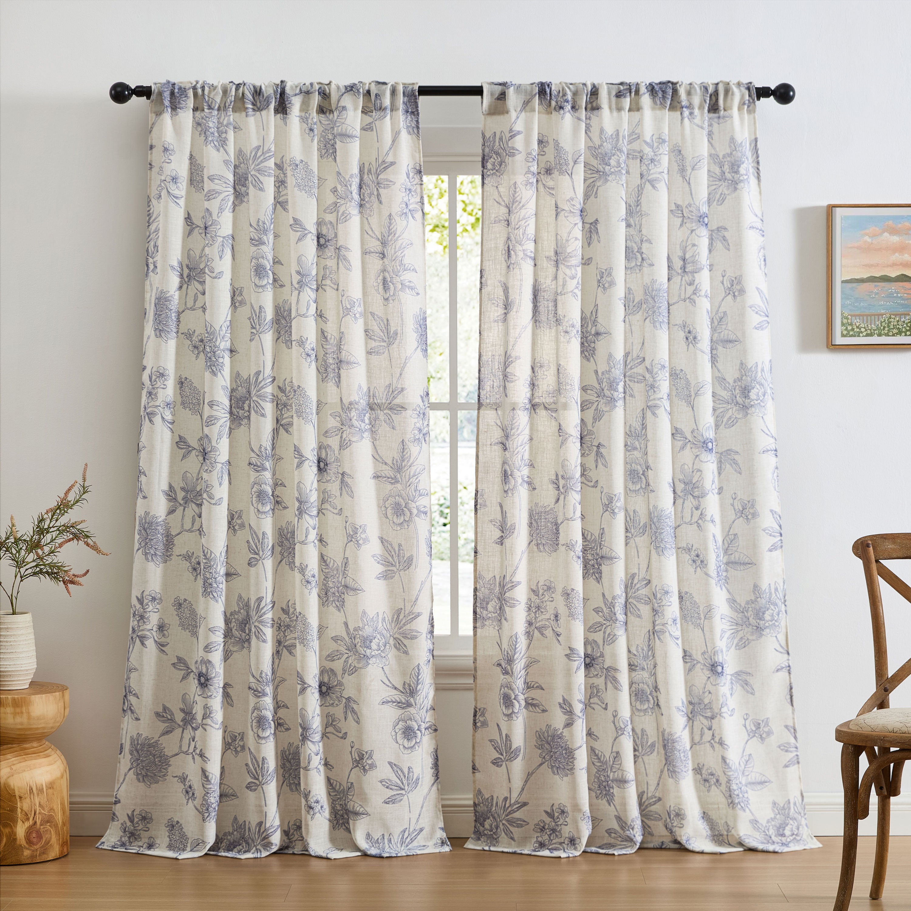 Brookville Linen Floral Back Tab Rod Pocket Curtains