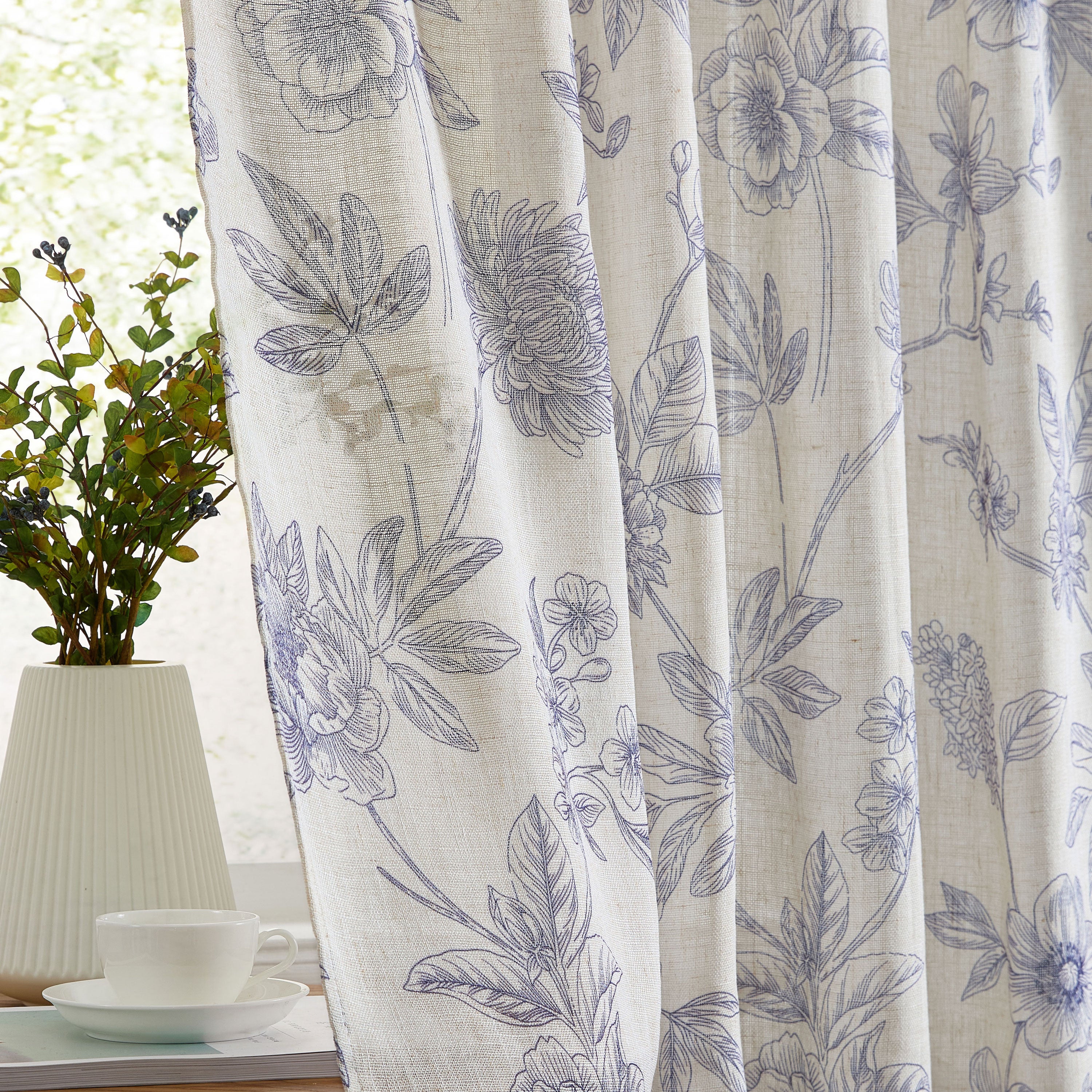 Brookville Linen Floral Back Tab Rod Pocket Curtains