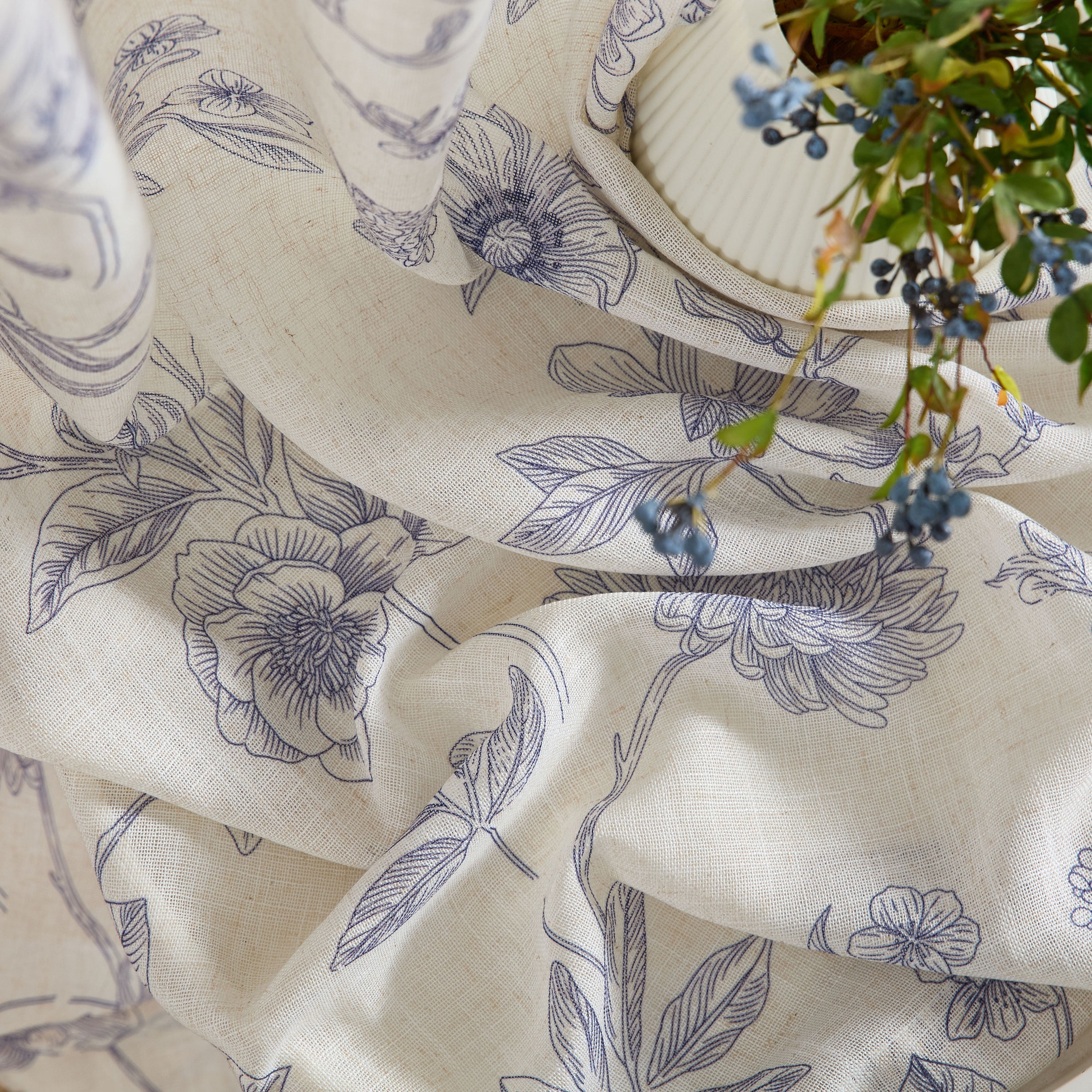 Brookville Linen Floral Back Tab Rod Pocket Curtains