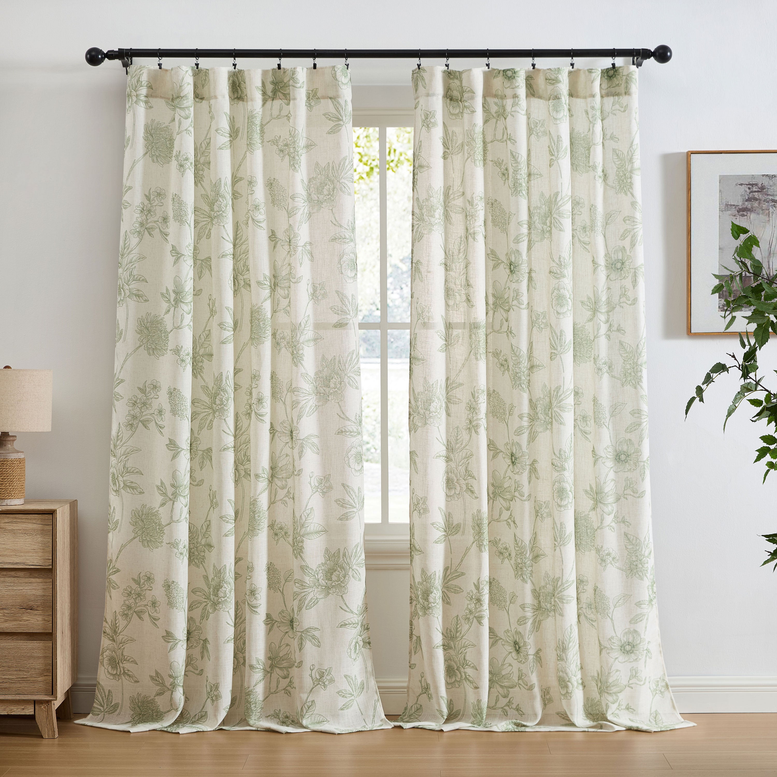 Brookville Linen Floral Back Tab Rod Pocket Curtains