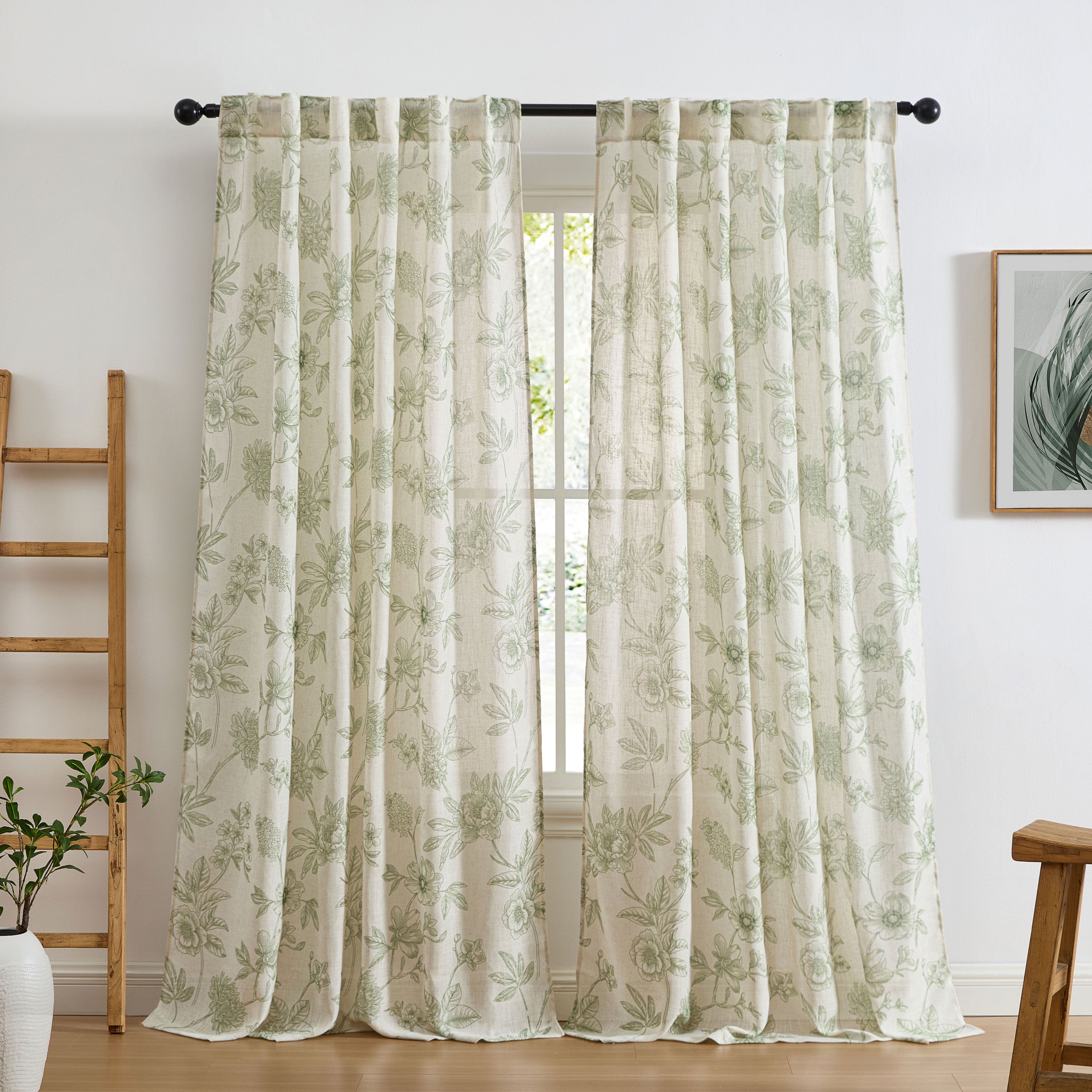 Brookville Linen Floral Back Tab Rod Pocket Curtains