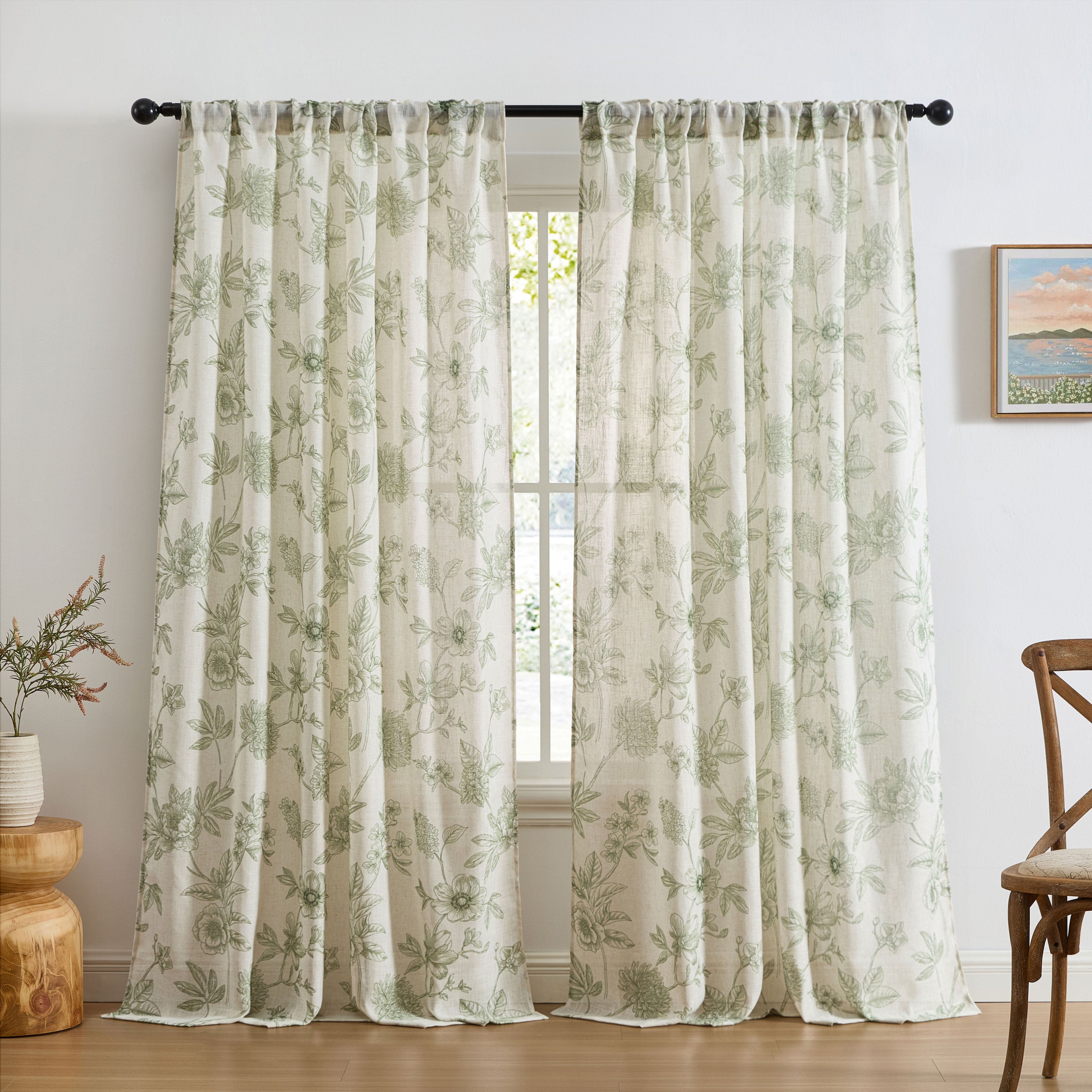 Brookville Linen Floral Back Tab Rod Pocket Curtains
