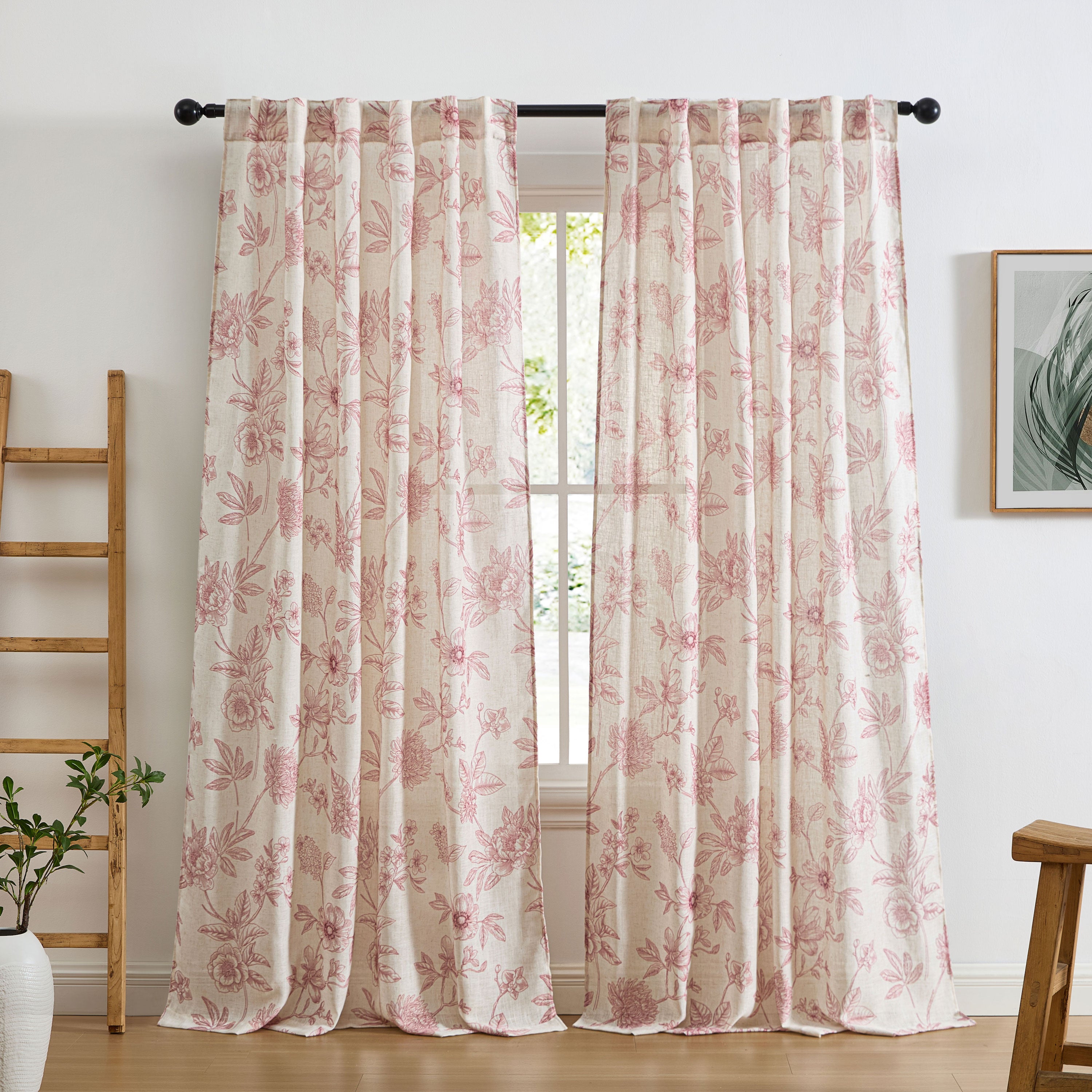 Brookville Linen Floral Back Tab Rod Pocket Curtains