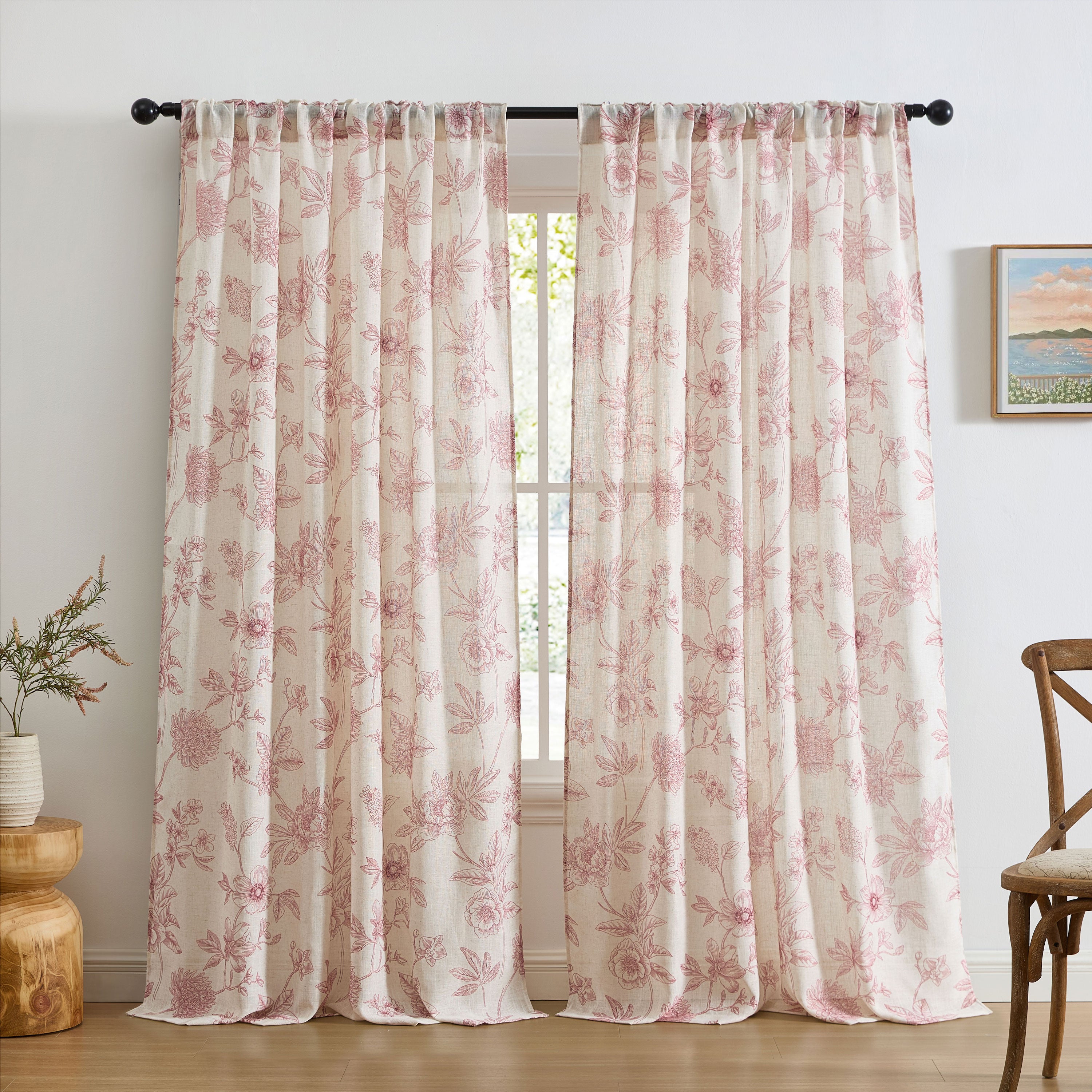 Brookville Linen Floral Back Tab Rod Pocket Curtains