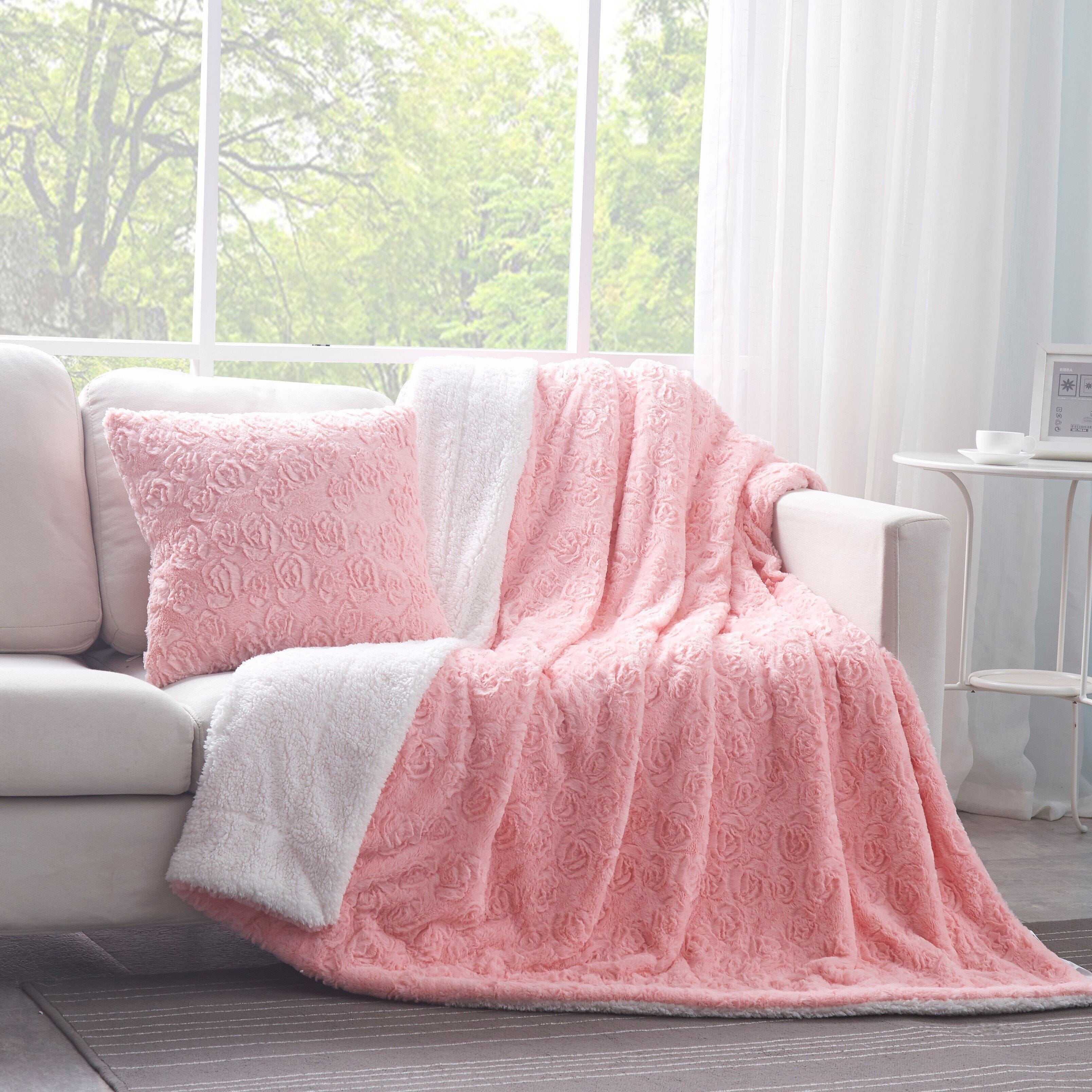 Rosey Pastel Blossom Pink Faux Fur Euro Throw Pillow Cover (171752)