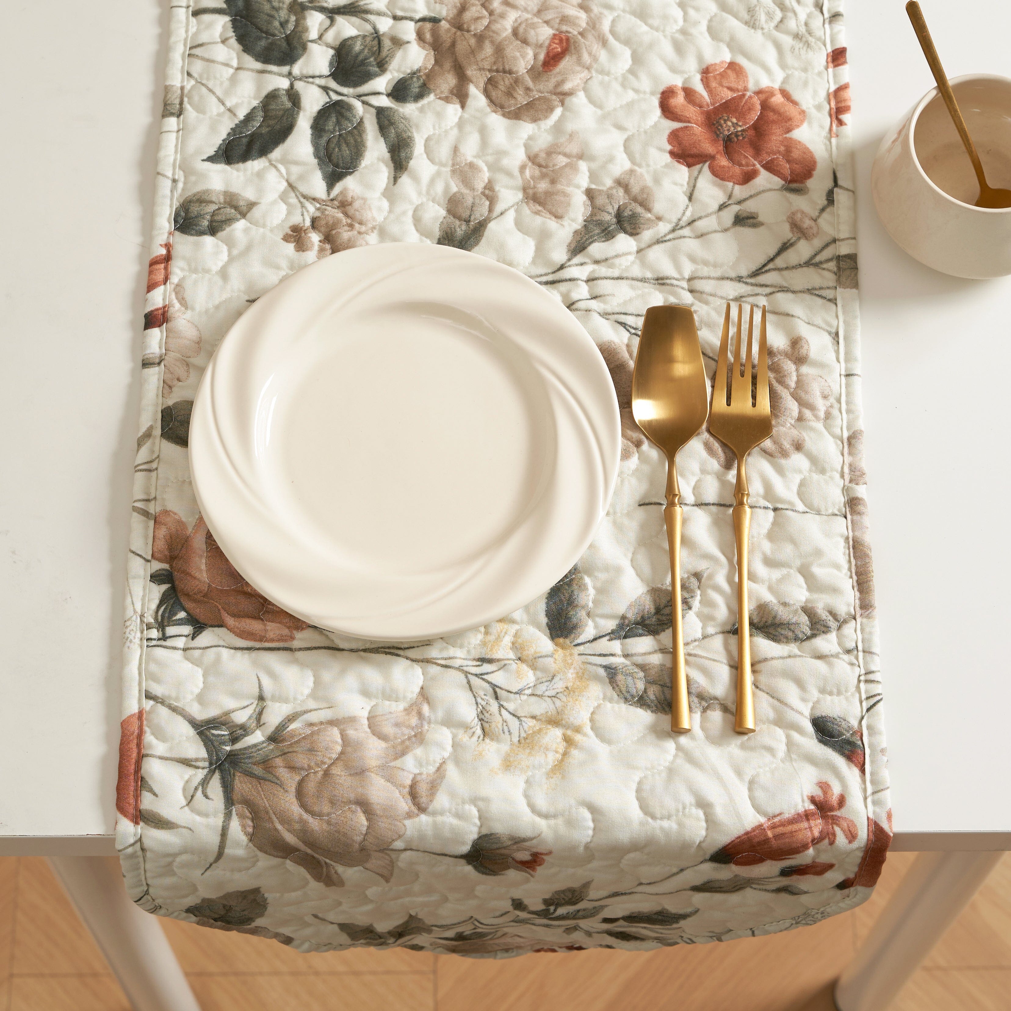 Enchanted Meadow Reversible Dinner Table Runner - Floral Elegance in Beige, Rose, and Soft Olive Green, Premium Soft Microfiber Quilted Table Runner