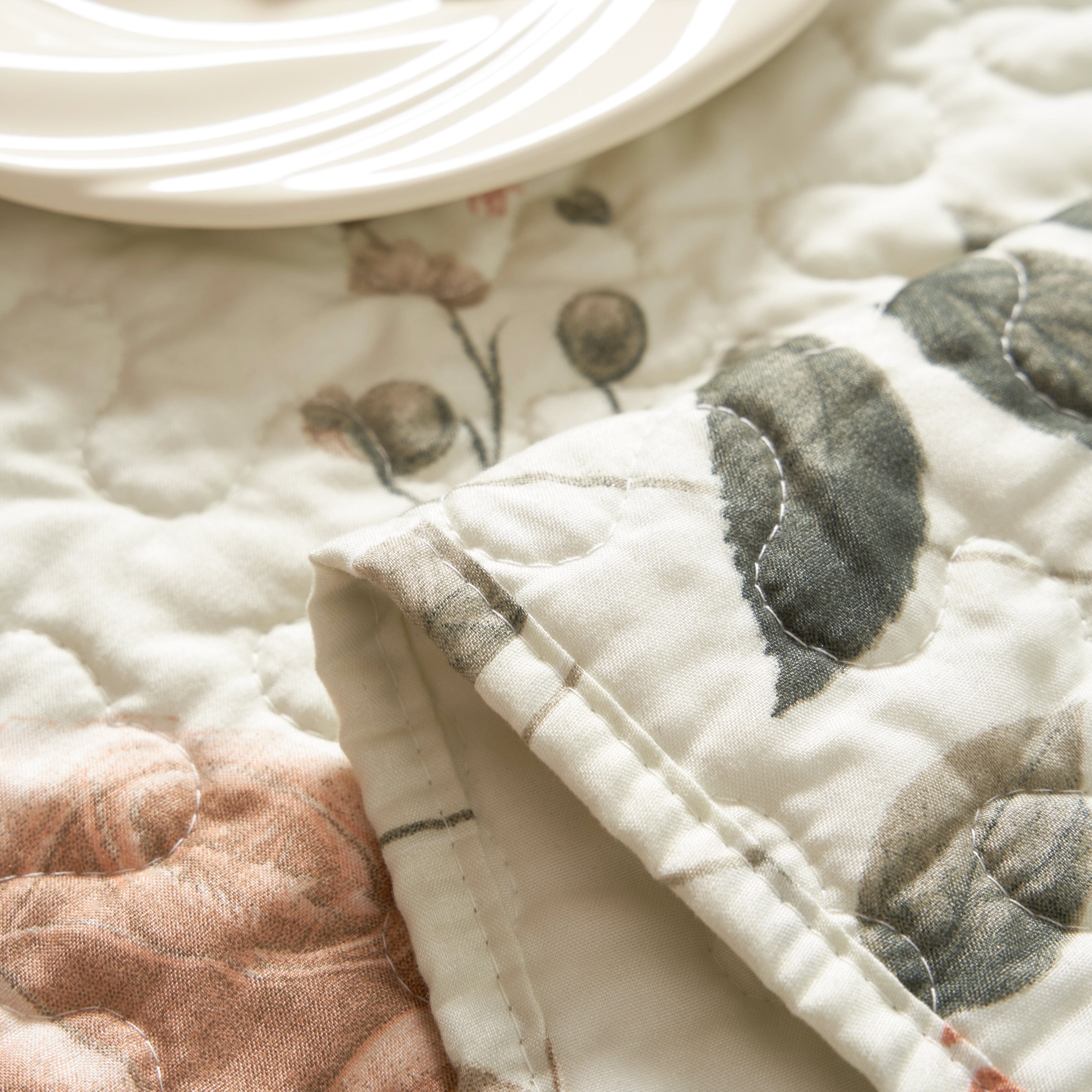 Enchanted Meadow Reversible Dinner Table Runner - Floral Elegance in Beige, Rose, and Soft Olive Green, Premium Soft Microfiber Quilted Table Runner