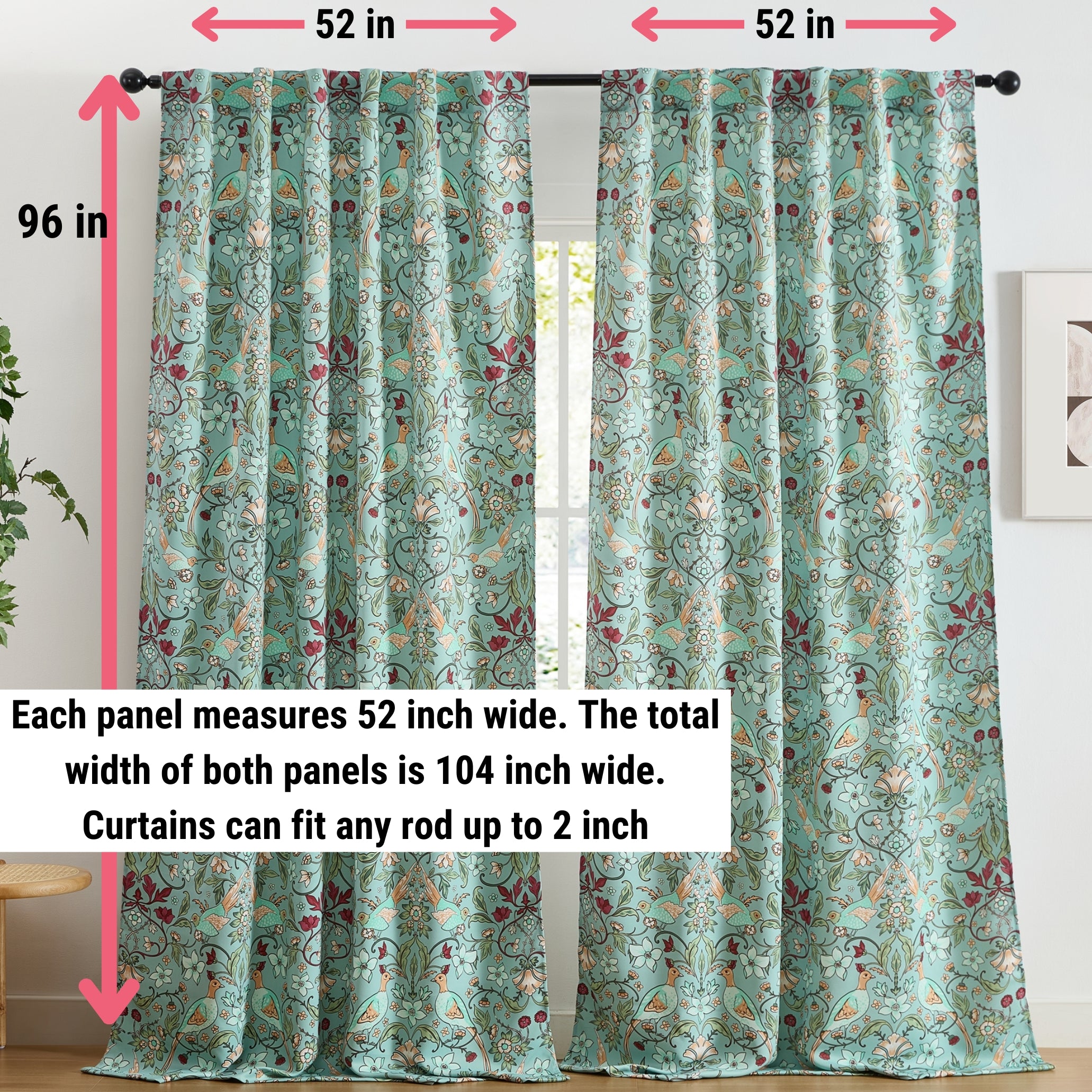 Florence Floral & Birds Curtains - Set of 2