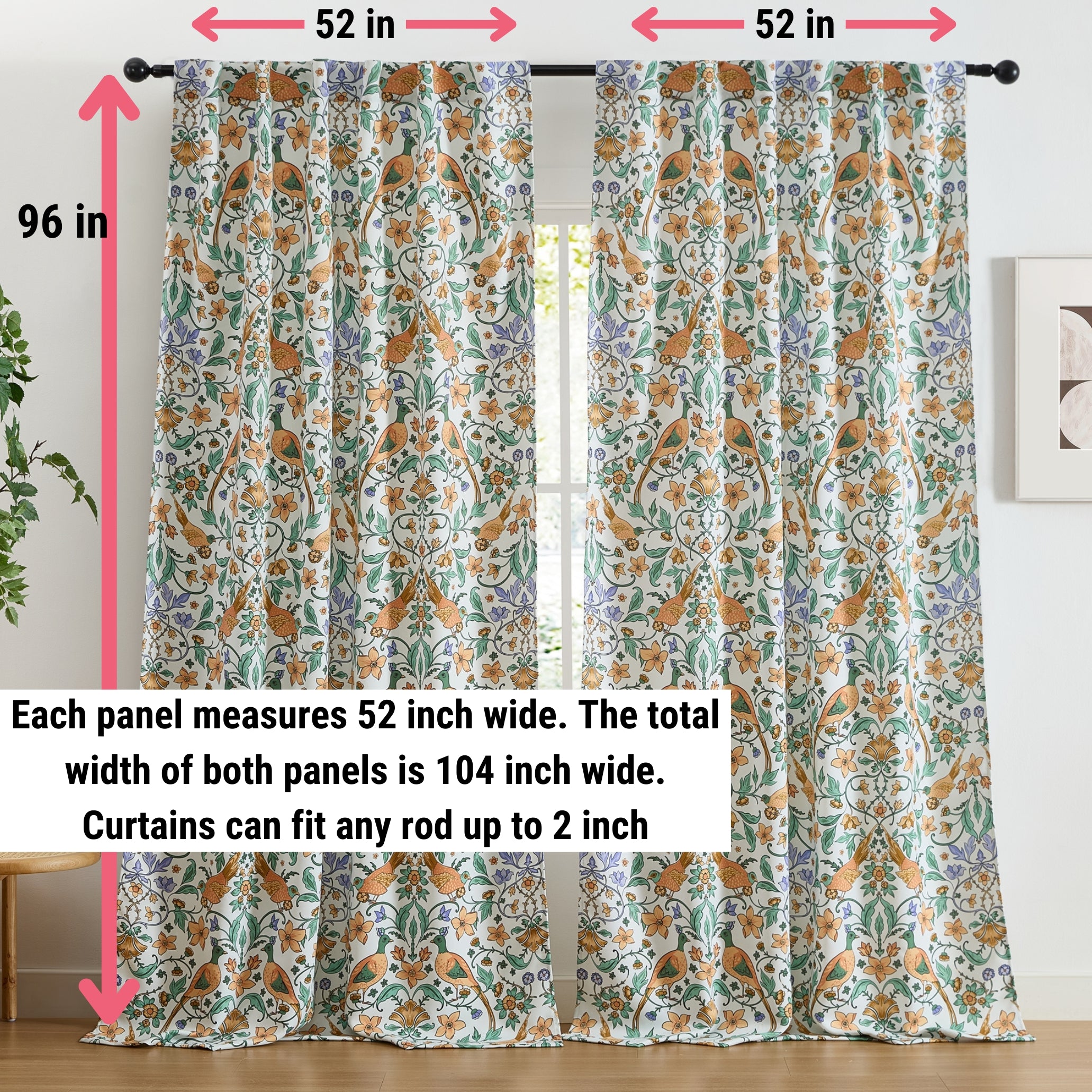 Florence Floral & Birds Curtains - Set of 2