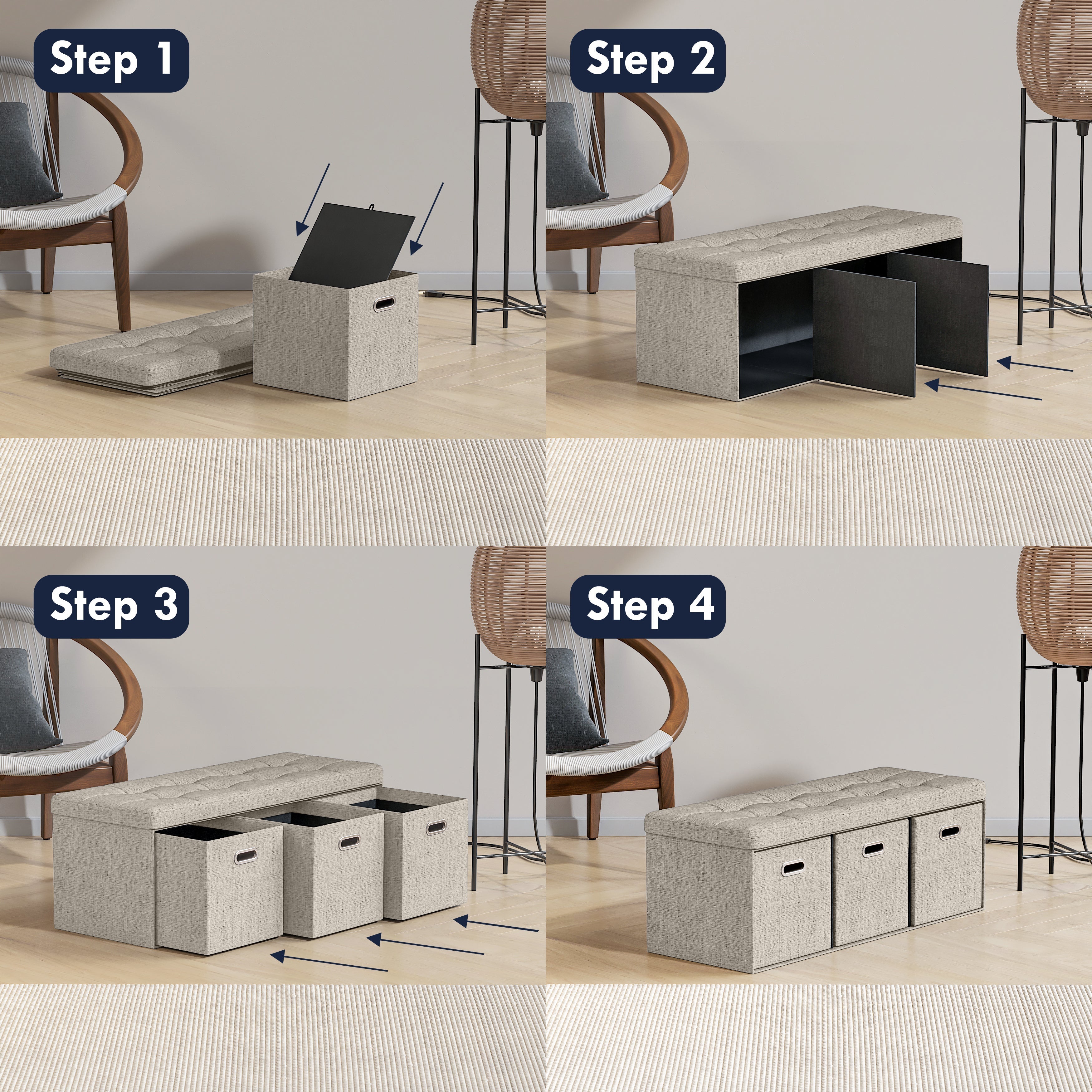 Foldable Tufted Linen Long Bench Storage Ottoman with 3 Drawers