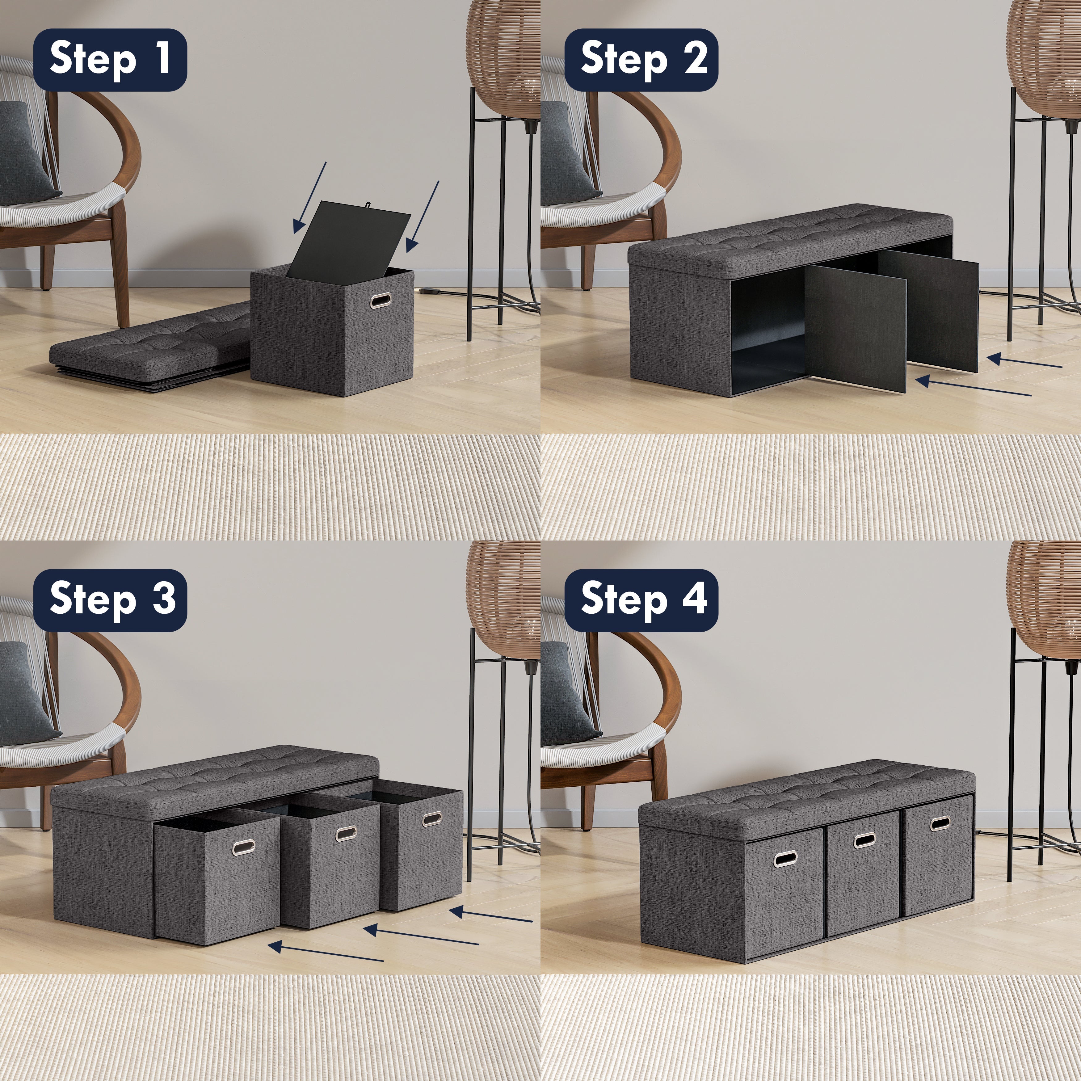 Foldable Tufted Linen Long Bench Storage Ottoman with 3 Drawers - Charcoal Gray