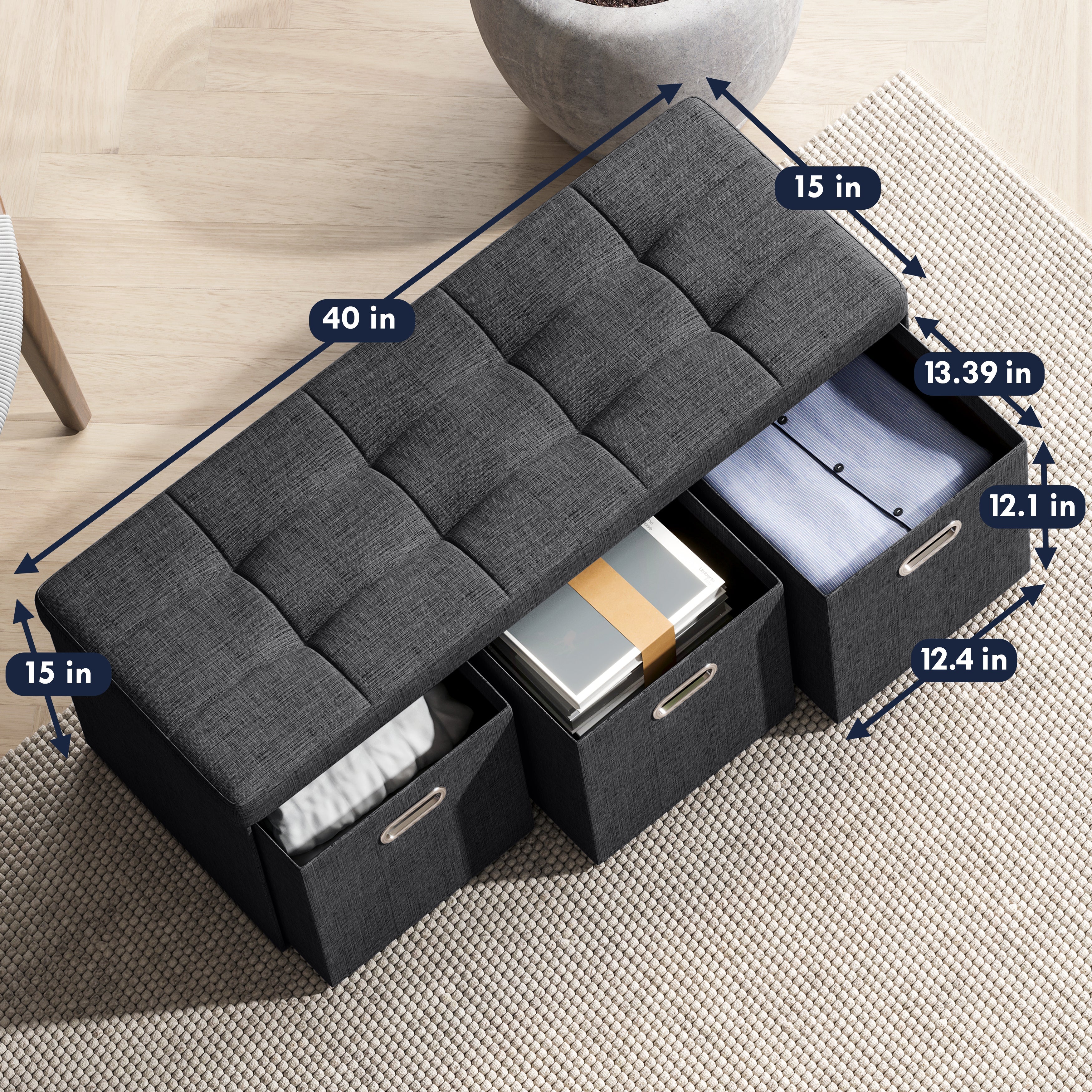 Foldable Tufted Linen Long Bench Storage Ottoman with 3 Drawers - Black