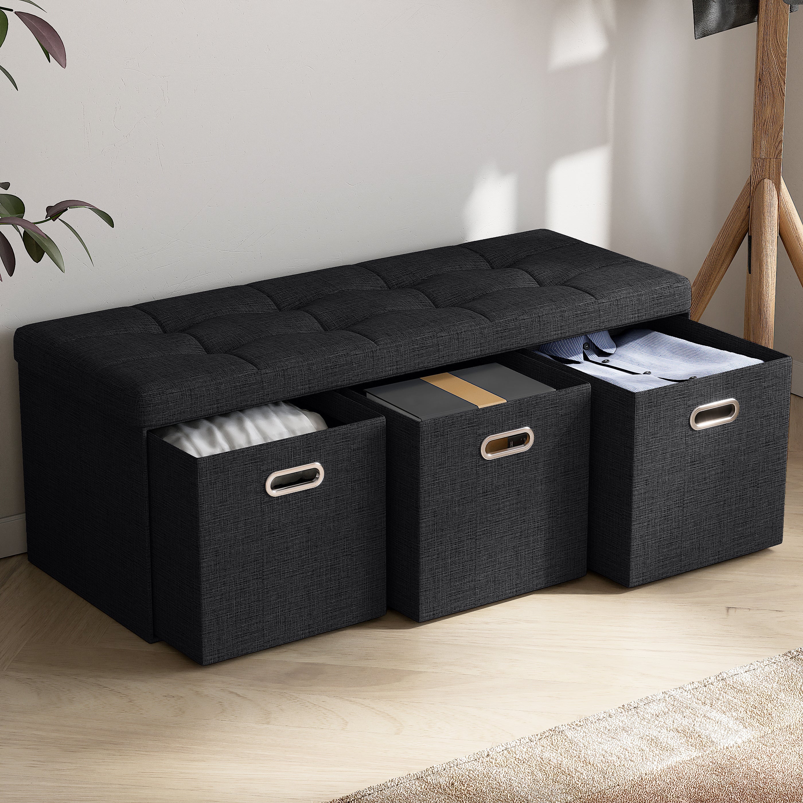 Foldable Tufted Linen Long Bench Storage Ottoman with 3 Drawers