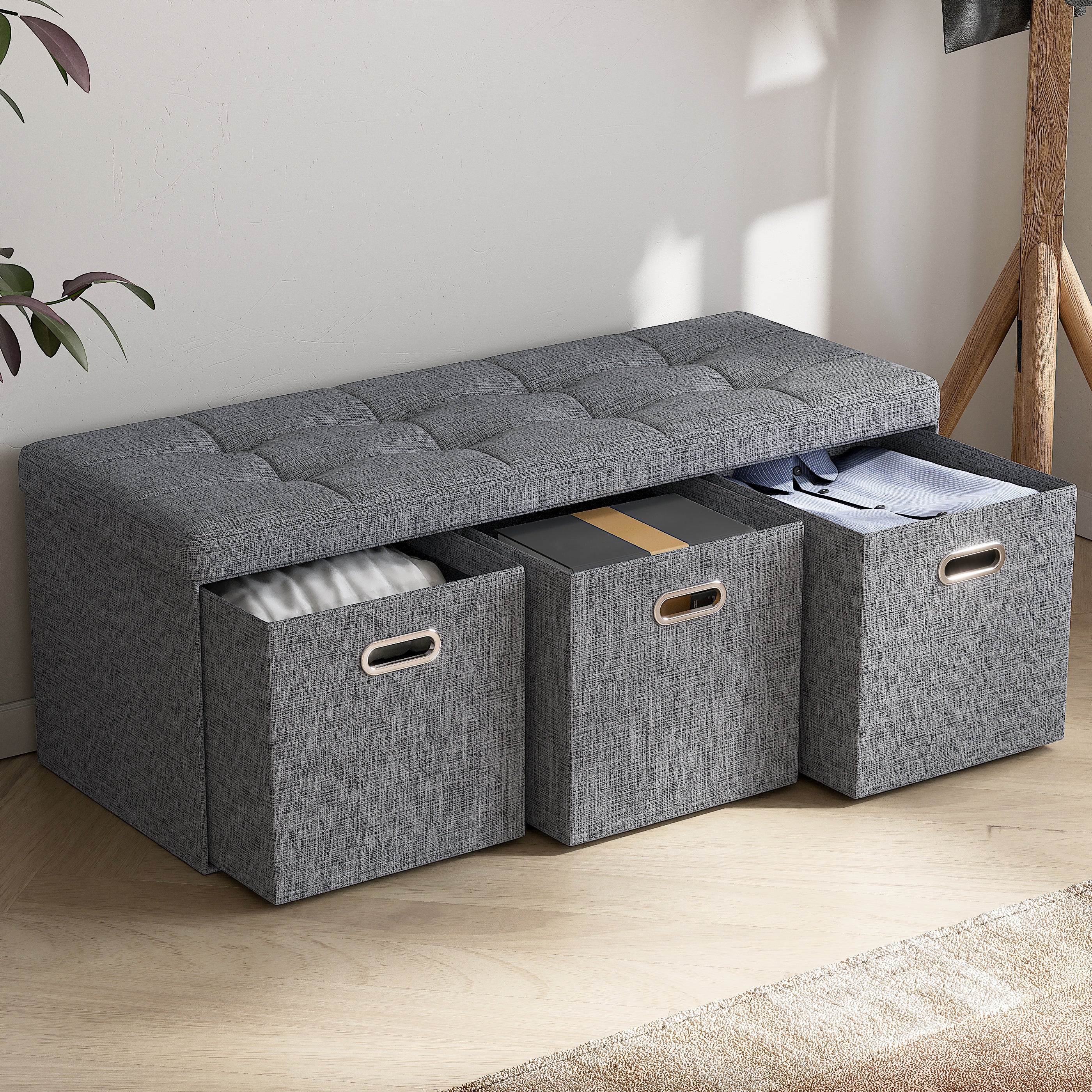 Foldable Tufted Linen Long Bench Storage Ottoman with 3 Drawers